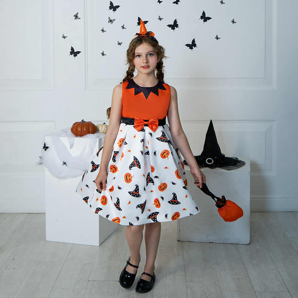 Cute Orange Pumpkin Cartoon A-line Satin Dress for Girls – Halloween & Party Outfit