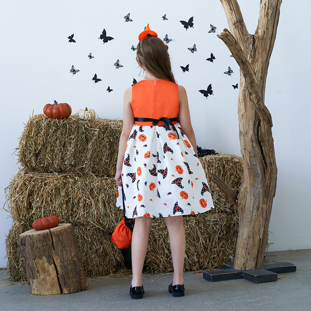 Cute Orange Pumpkin Cartoon A-line Satin Dress for Girls – Halloween & Party Outfit