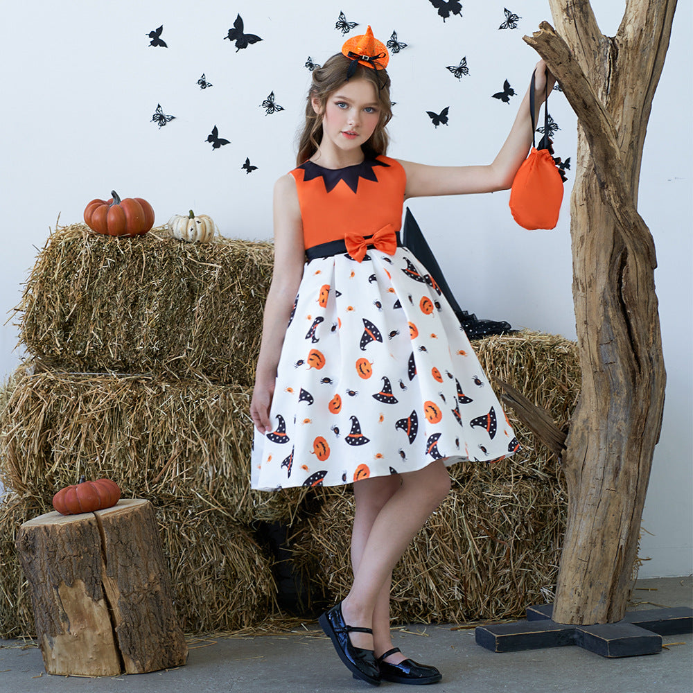 Cute Orange Pumpkin Cartoon A-line Satin Dress for Girls – Halloween & Party Outfit