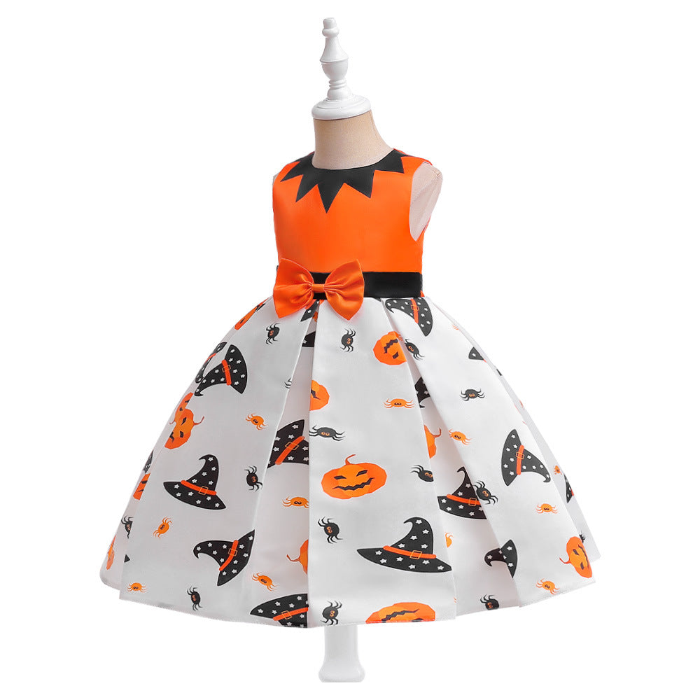 Cute Orange Pumpkin Cartoon A-line Satin Dress for Girls – Halloween & Party Outfit