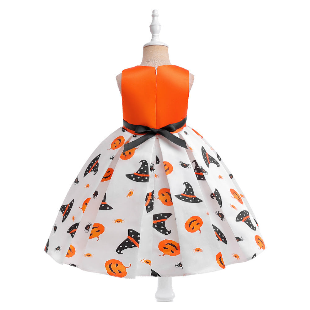 Cute Orange Pumpkin Cartoon A-line Satin Dress for Girls – Halloween & Party Outfit