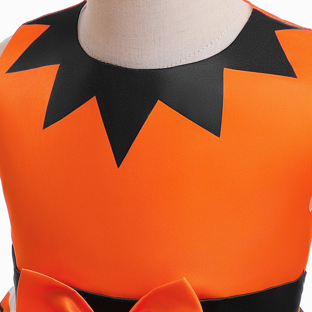 Cute Orange Pumpkin Cartoon A-line Satin Dress for Girls – Halloween & Party Outfit