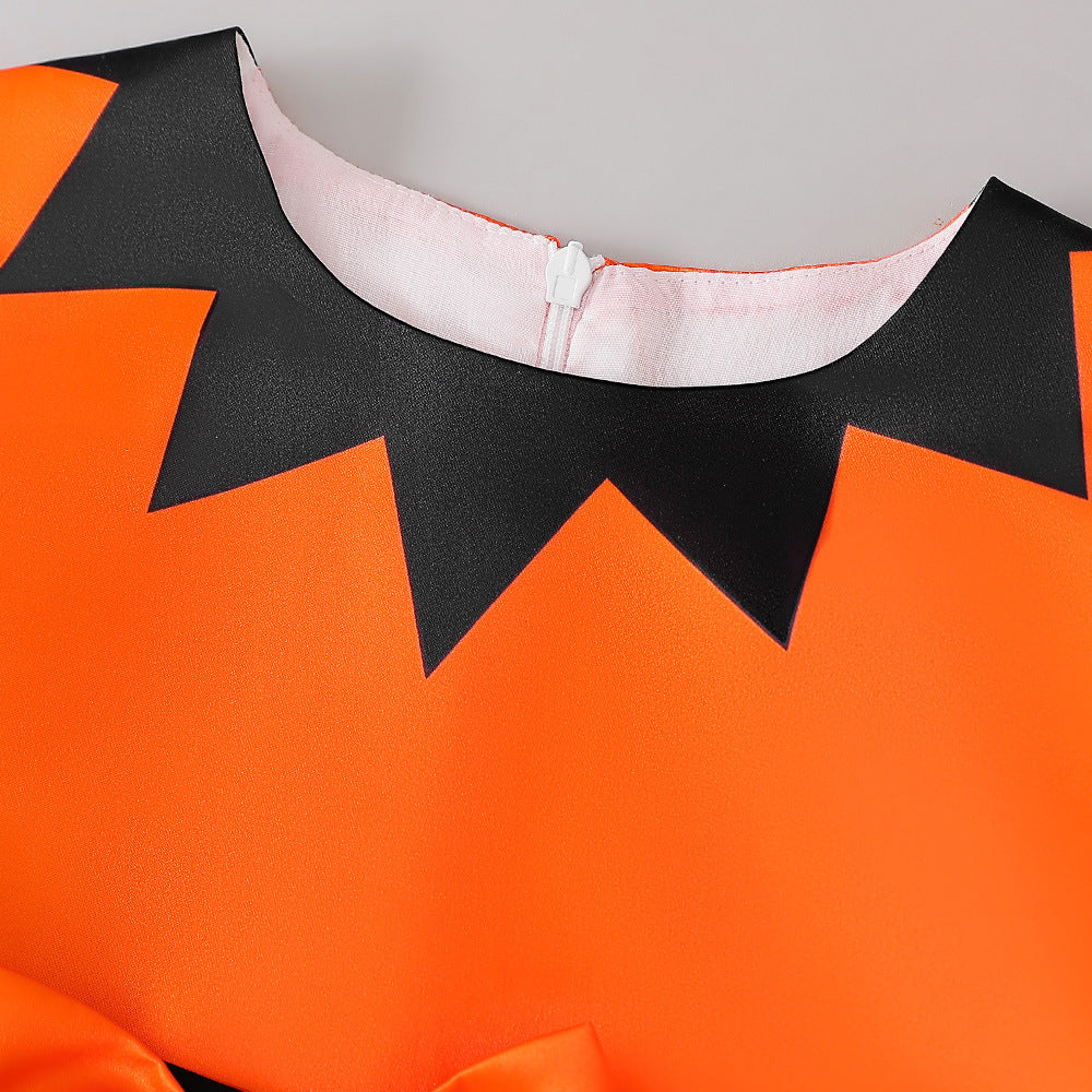 Cute Orange Pumpkin Cartoon A-line Satin Dress for Girls – Halloween & Party Outfit