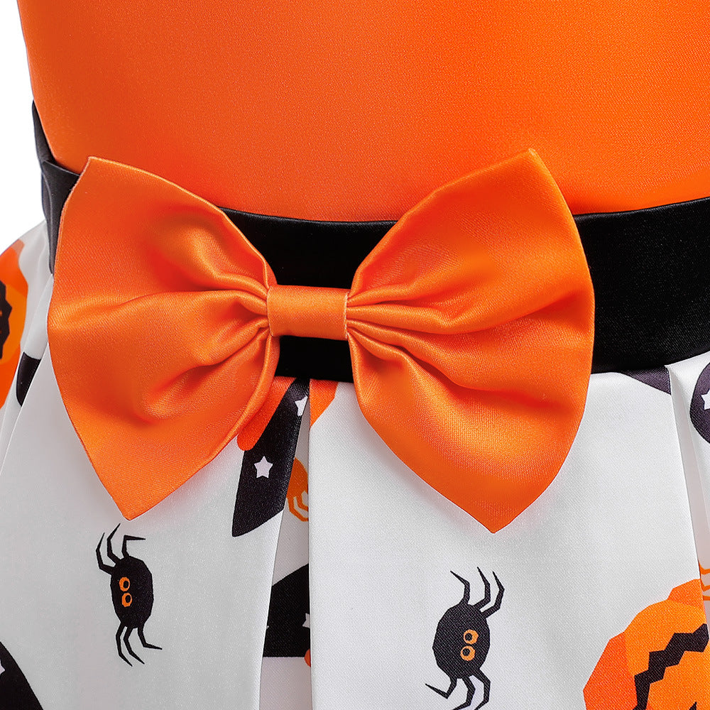 Cute Orange Pumpkin Cartoon A-line Satin Dress for Girls – Halloween & Party Outfit
