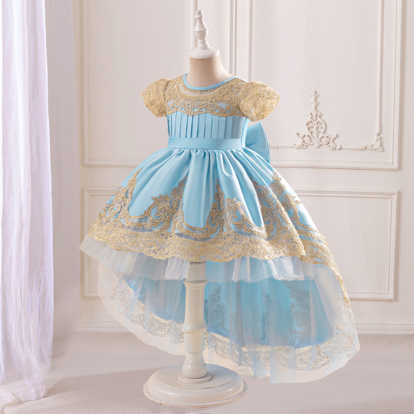 Adorable High-Low Satin Ball Gown for Girls with Lace & Bow – Party, Wedding, Festival Dress