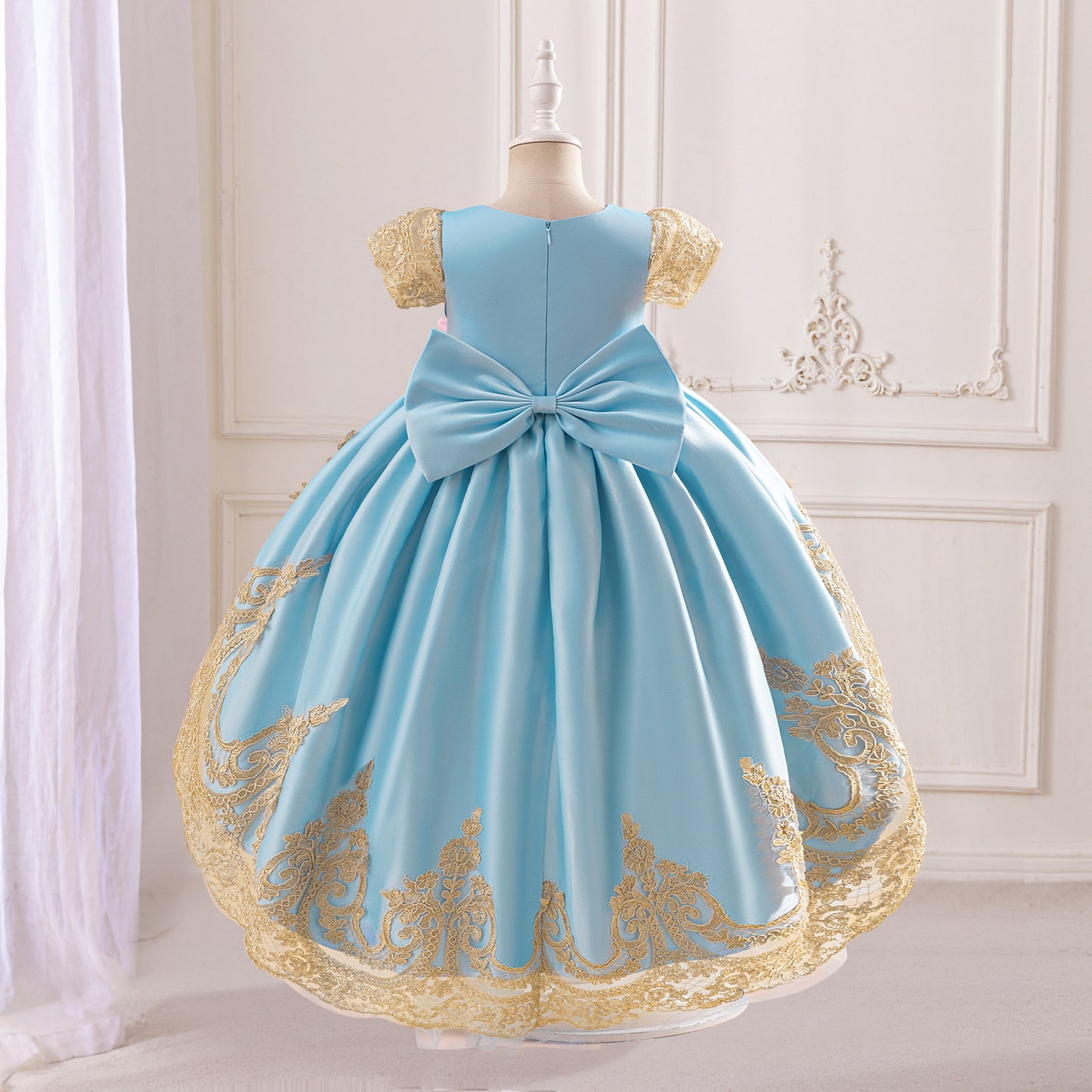 Adorable High-Low Satin Ball Gown for Girls with Lace & Bow – Party, Wedding, Festival Dress