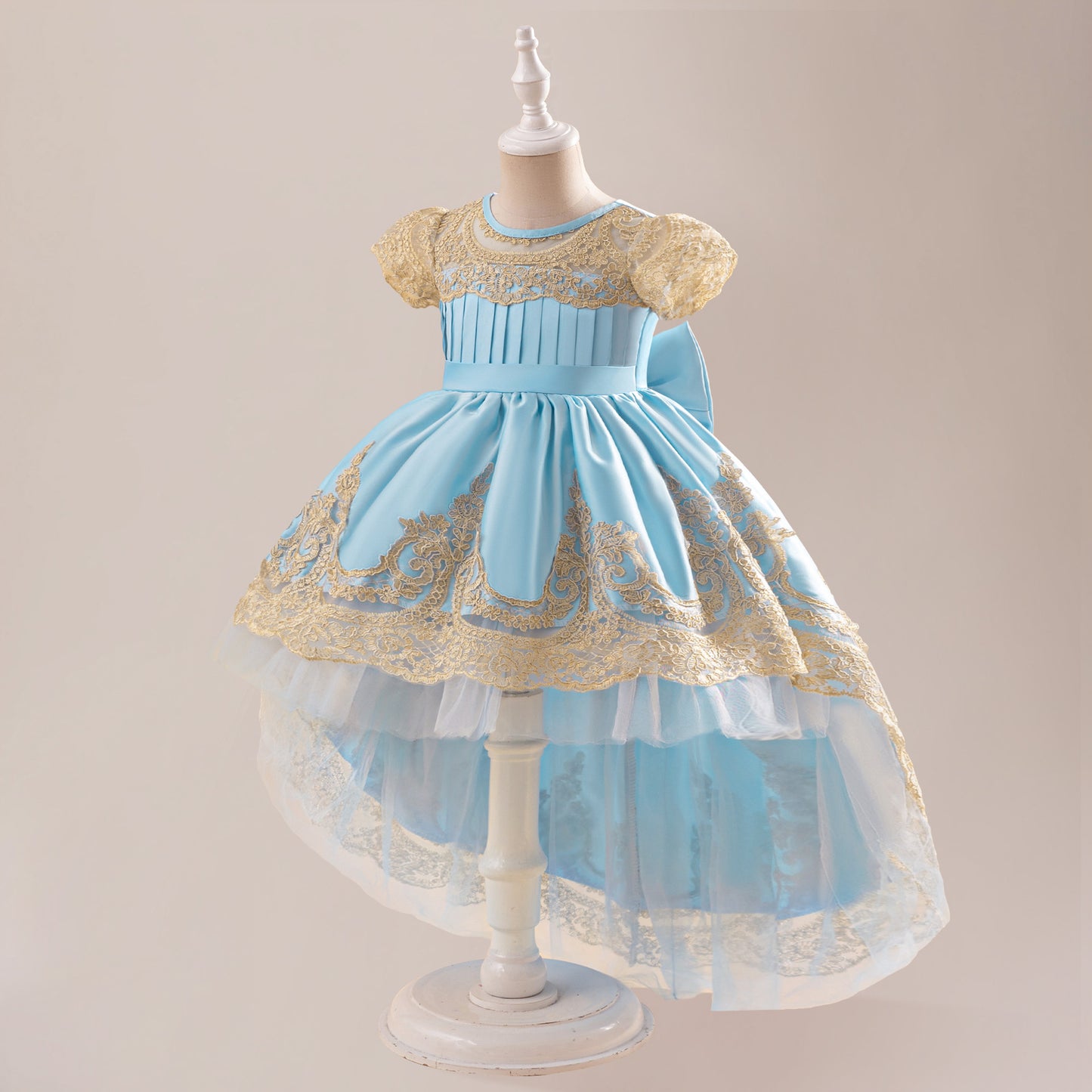 Adorable High-Low Satin Ball Gown for Girls with Lace & Bow – Party, Wedding, Festival Dress
