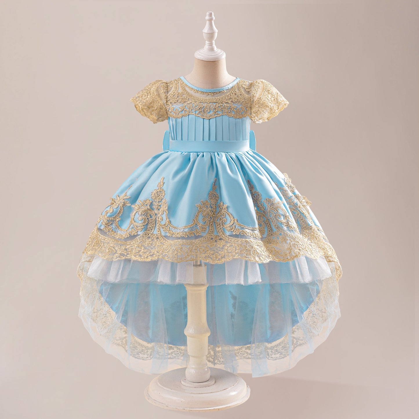 Adorable High-Low Satin Ball Gown for Girls with Lace & Bow – Party, Wedding, Festival Dress