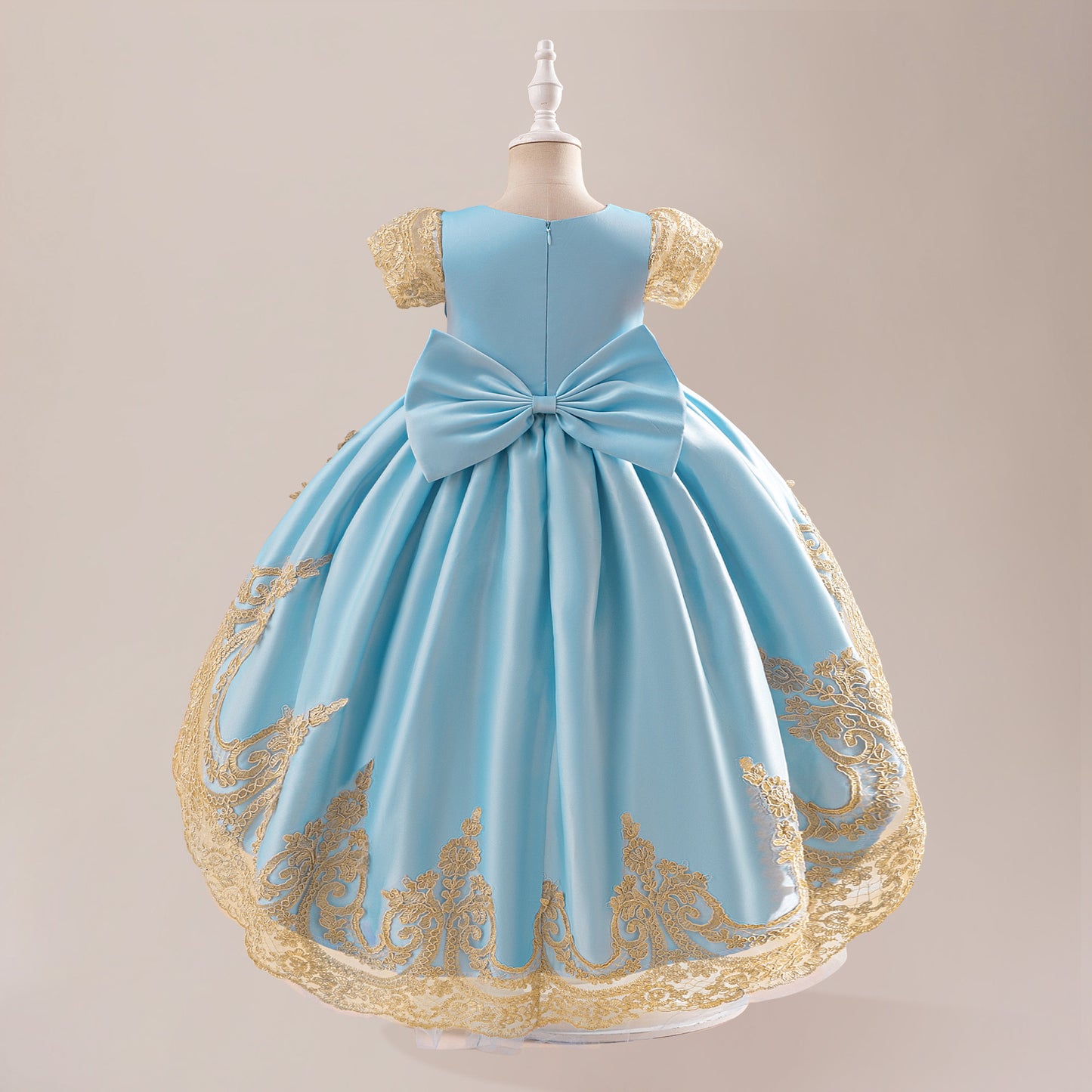 Adorable High-Low Satin Ball Gown for Girls with Lace & Bow – Party, Wedding, Festival Dress