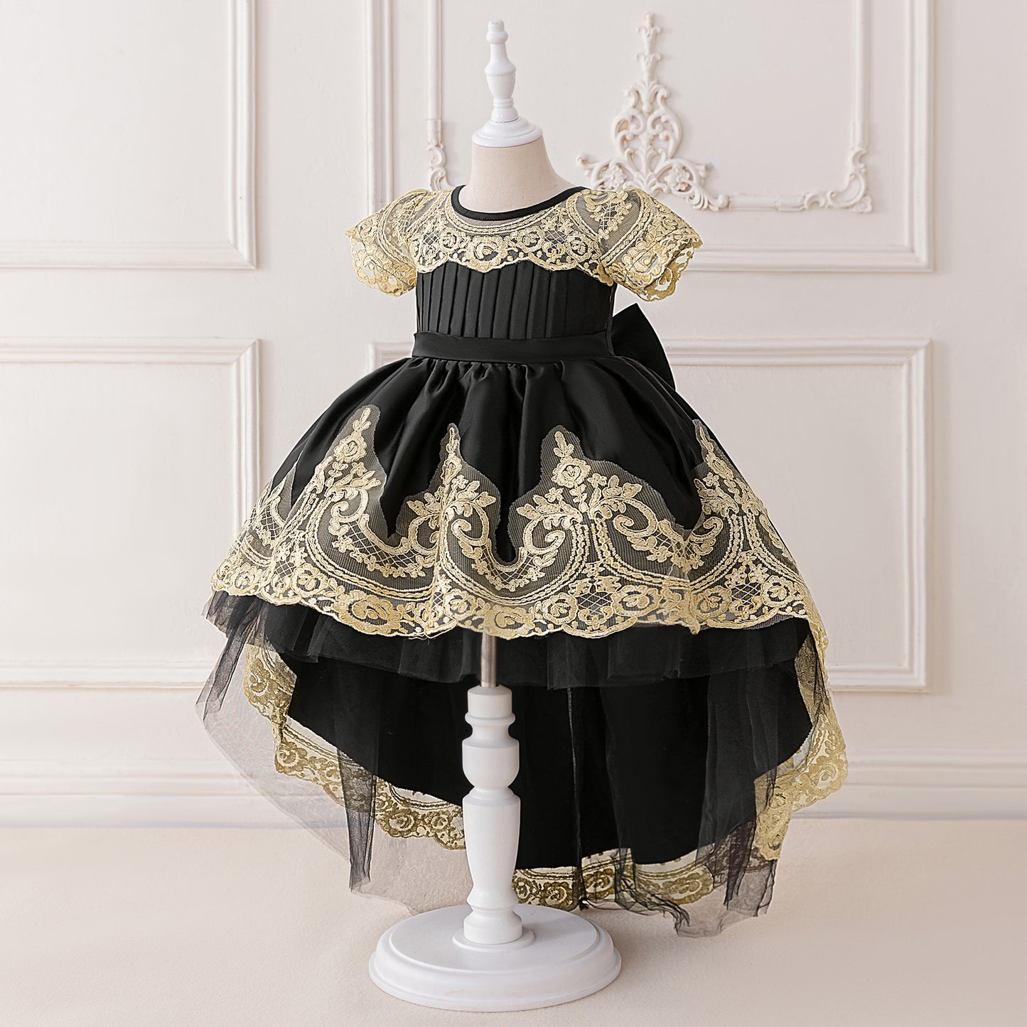 Adorable High-Low Satin Ball Gown for Girls with Lace & Bow – Party, Wedding, Festival Dress