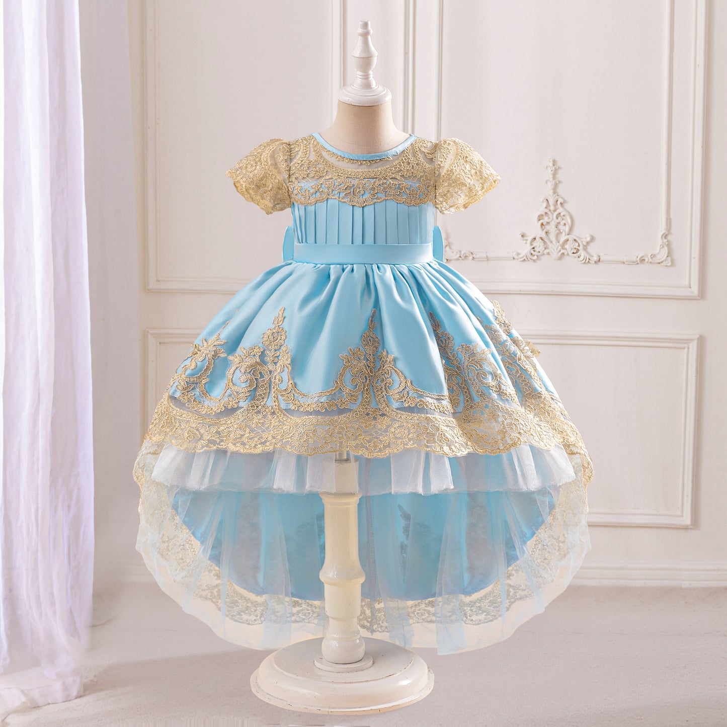 Adorable High-Low Satin Ball Gown for Girls with Lace & Bow – Party, Wedding, Festival Dress