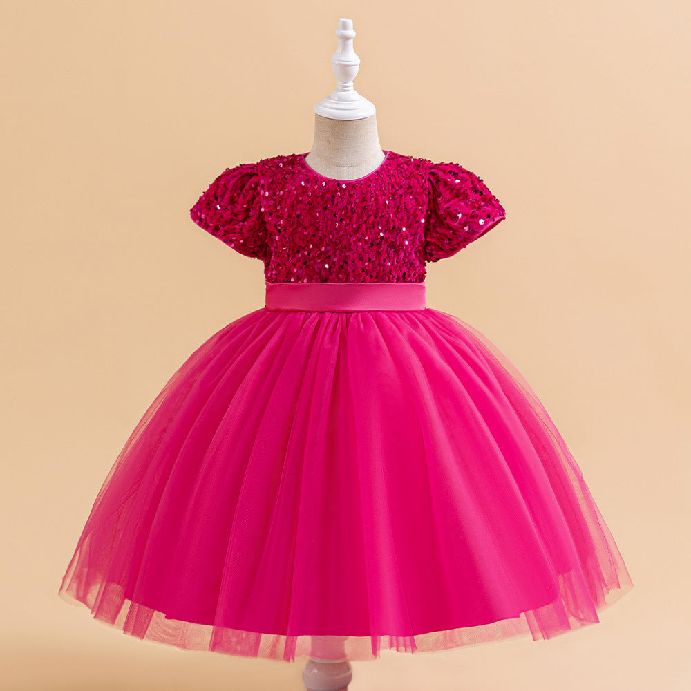 Sequin Puffy Princess Dress for Girls with Bowknot – Party & Flower Girl Gown
