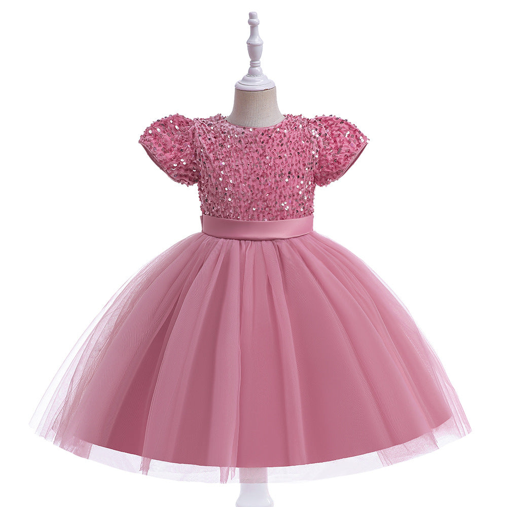 Sequin Puffy Princess Dress for Girls with Bowknot – Party & Flower Girl Gown