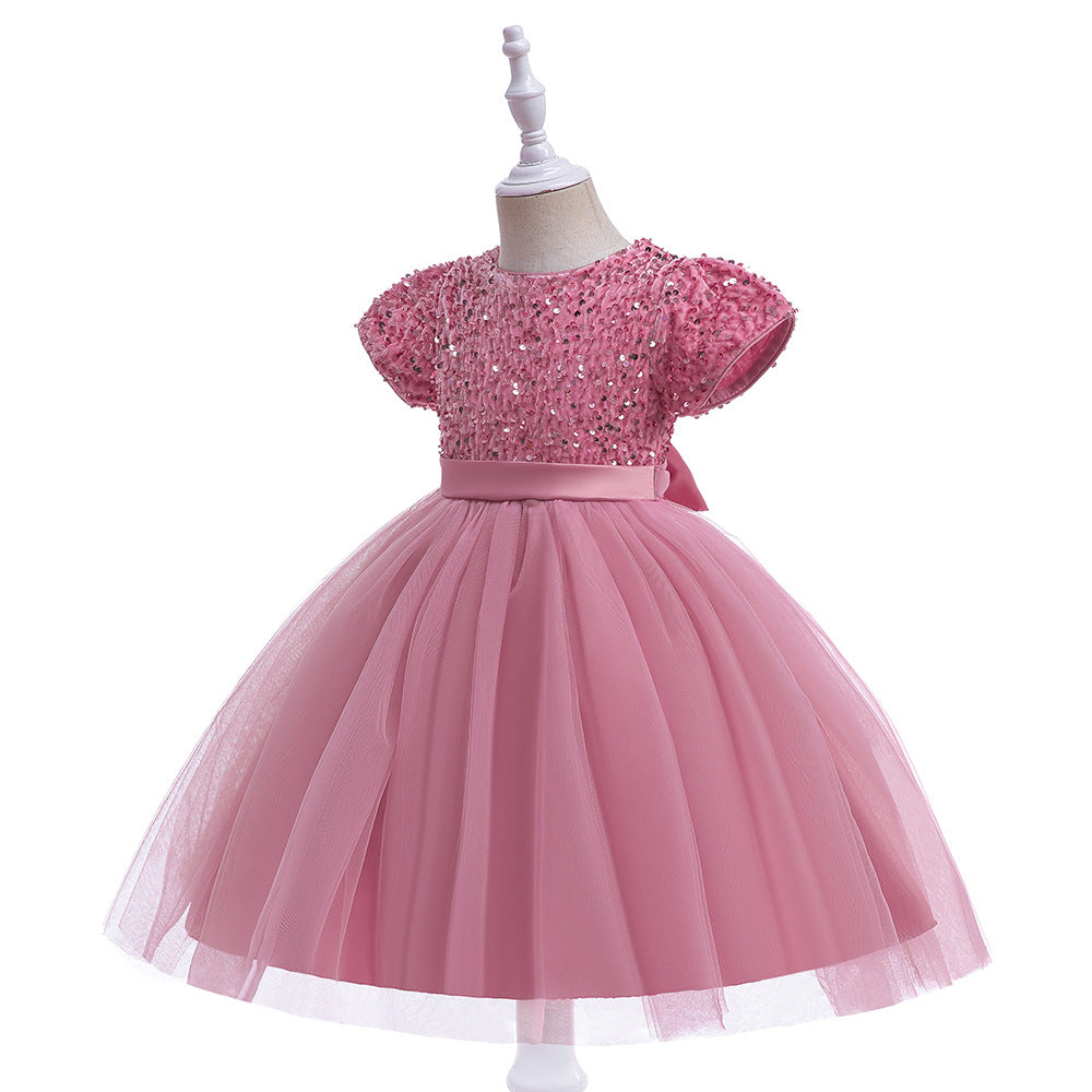 Sequin Puffy Princess Dress for Girls with Bowknot – Party & Flower Girl Gown