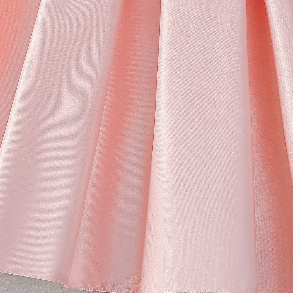 Tea-Length Satin Princess Dress with Bow for Girls (Ages 3-8) – Perfect for Parties & Weddings