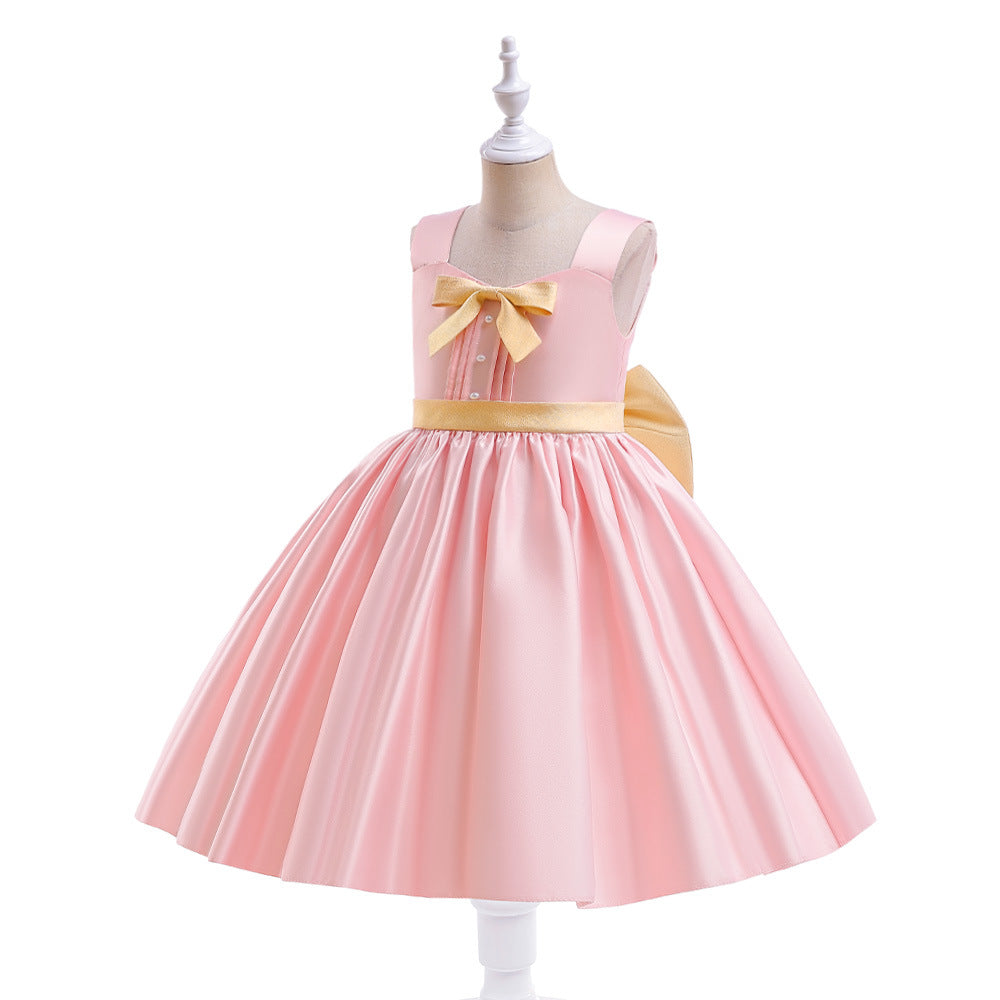 Tea-Length Satin Princess Dress with Bow for Girls (Ages 3-8) – Perfect for Parties & Weddings