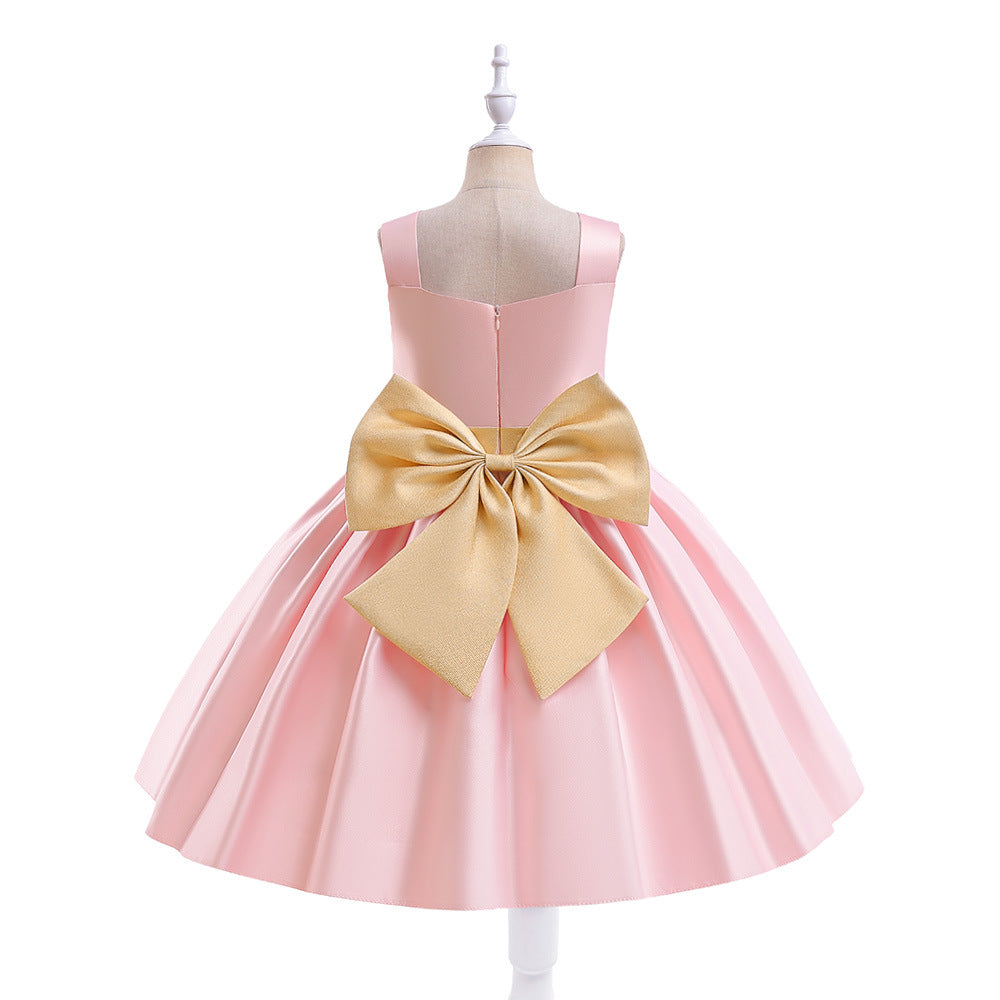 Tea-Length Satin Princess Dress with Bow for Girls (Ages 3-8) – Perfect for Parties & Weddings