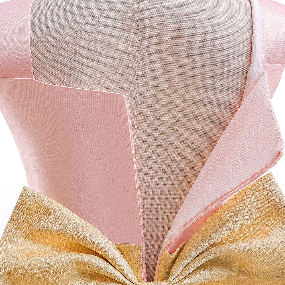 Tea-Length Satin Princess Dress with Bow for Girls (Ages 3-8) – Perfect for Parties & Weddings