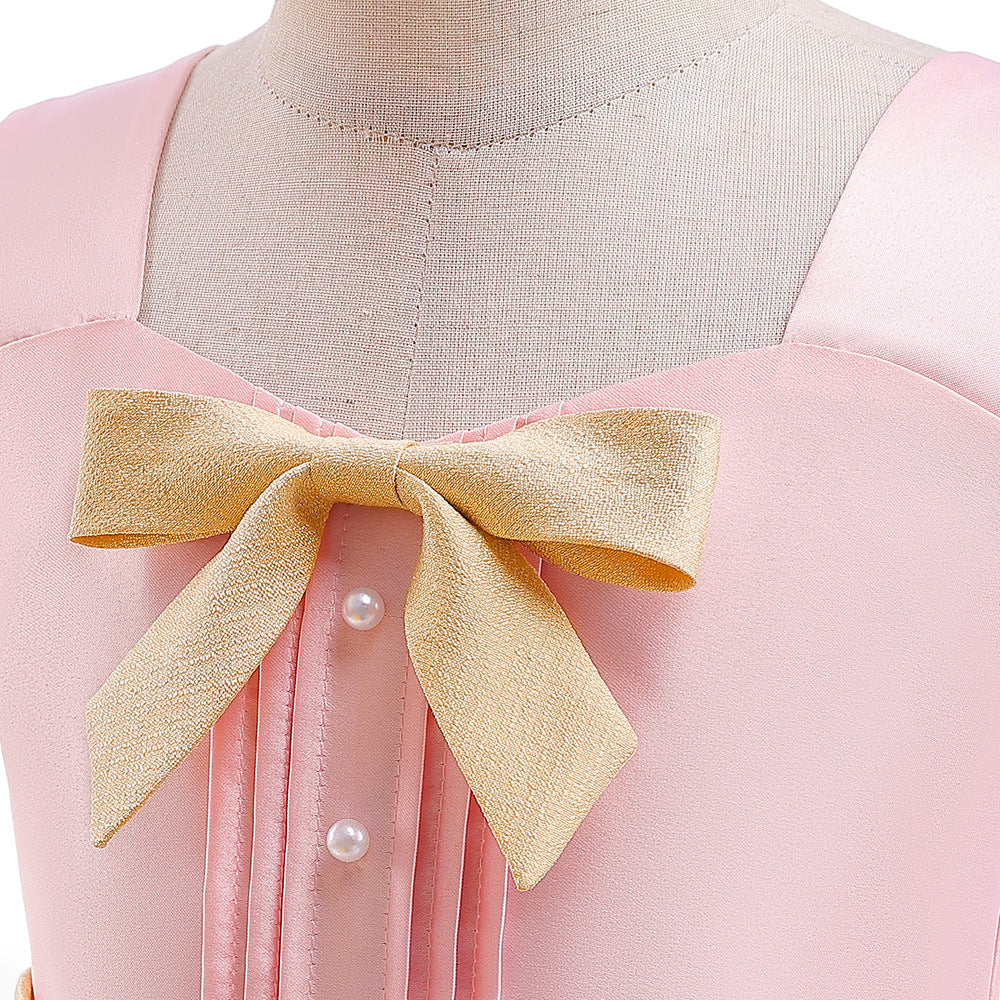 Tea-Length Satin Princess Dress with Bow for Girls (Ages 3-8) – Perfect for Parties & Weddings