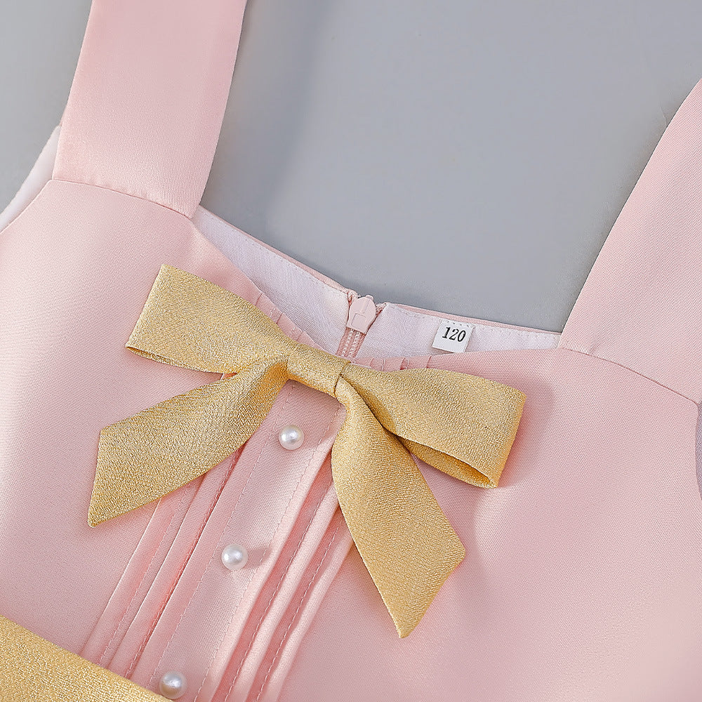 Tea-Length Satin Princess Dress with Bow for Girls (Ages 3-8) – Perfect for Parties & Weddings