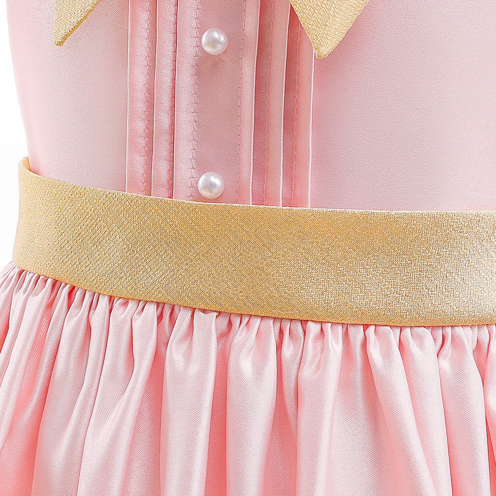 Tea-Length Satin Princess Dress with Bow for Girls (Ages 3-8) – Perfect for Parties & Weddings