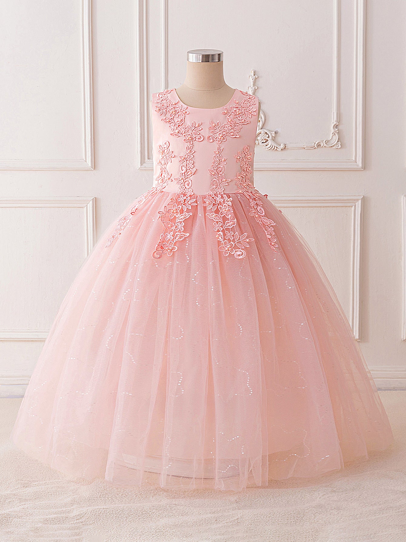 Girls Maxi A-Line Lace Tulle Dress – Princess Sequin Flower Girl Gown