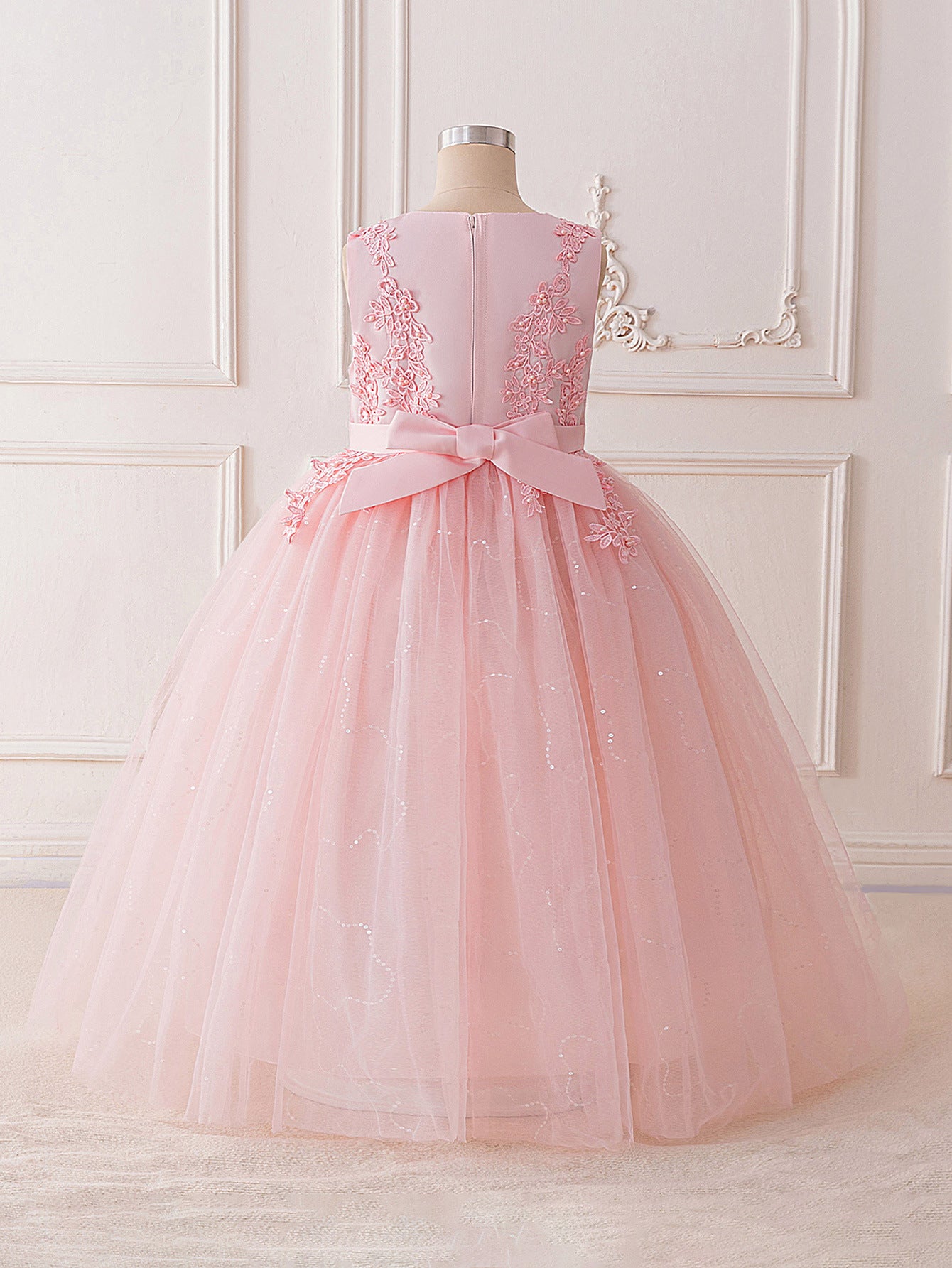 Girls Maxi A-Line Lace Tulle Dress – Princess Sequin Flower Girl Gown