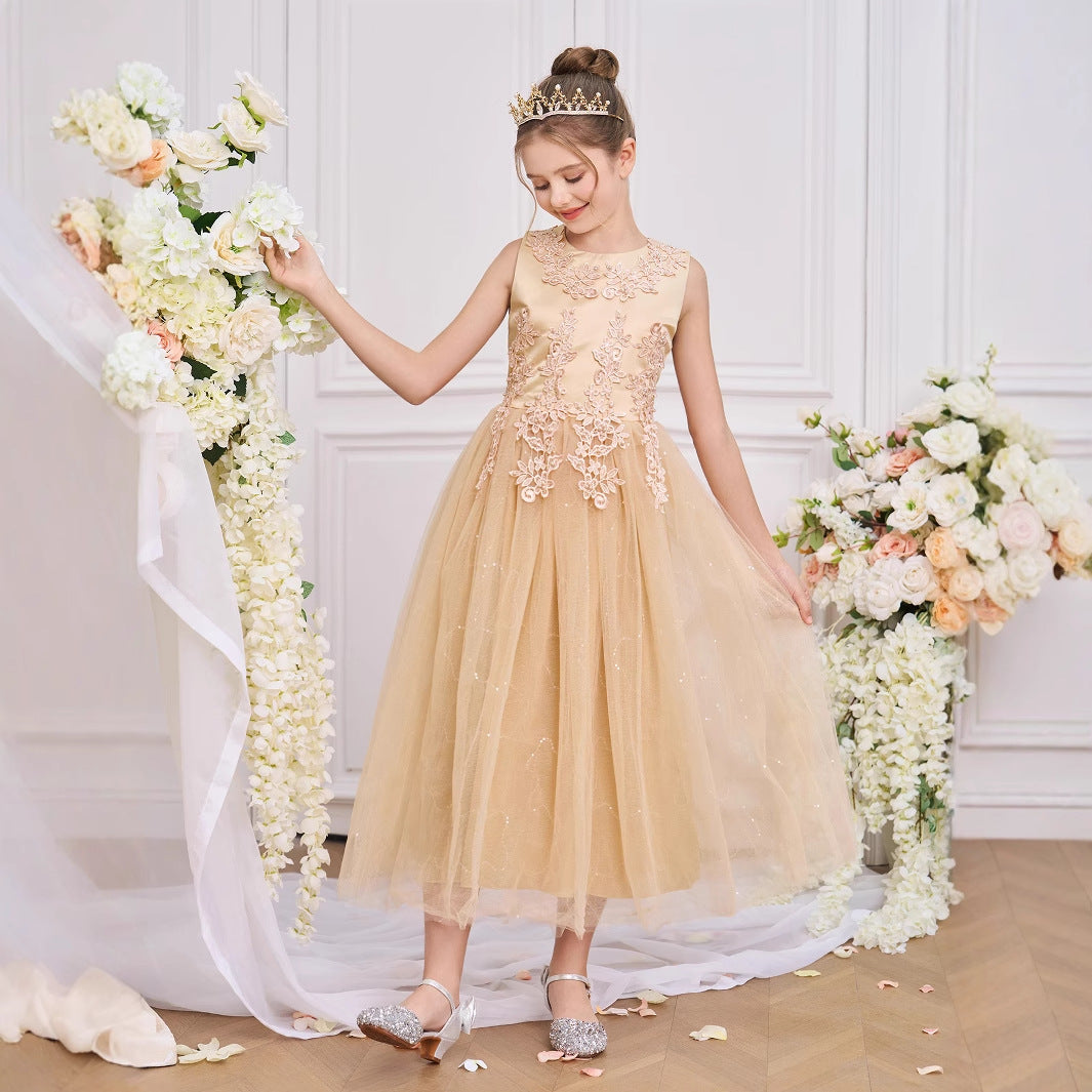 Girls Maxi A-Line Lace Tulle Dress – Princess Sequin Flower Girl Gown