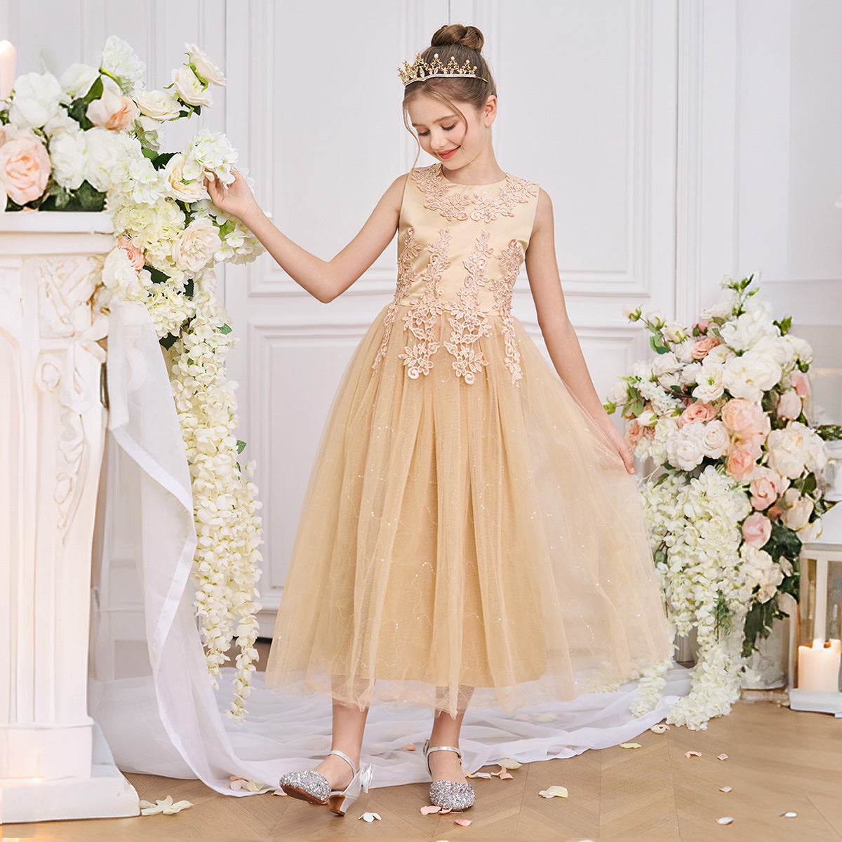 Girls Maxi A-Line Lace Tulle Dress – Princess Sequin Flower Girl Gown