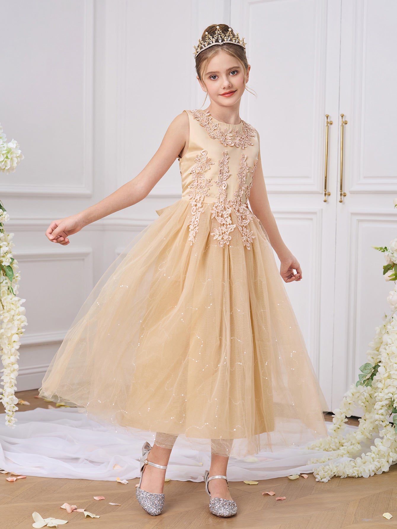 Girls Maxi A-Line Lace Tulle Dress – Princess Sequin Flower Girl Gown