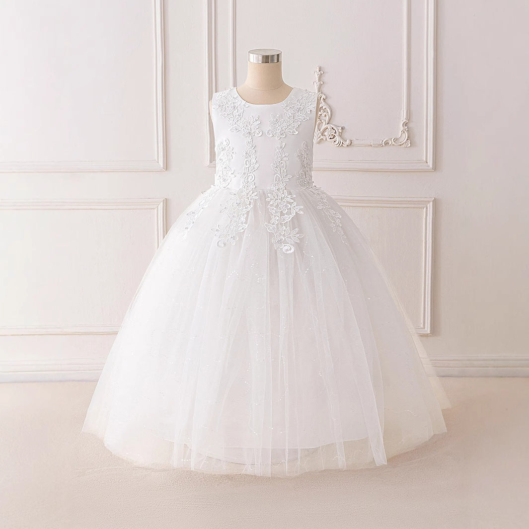 Girls Maxi A-Line Lace Tulle Dress – Princess Sequin Flower Girl Gown