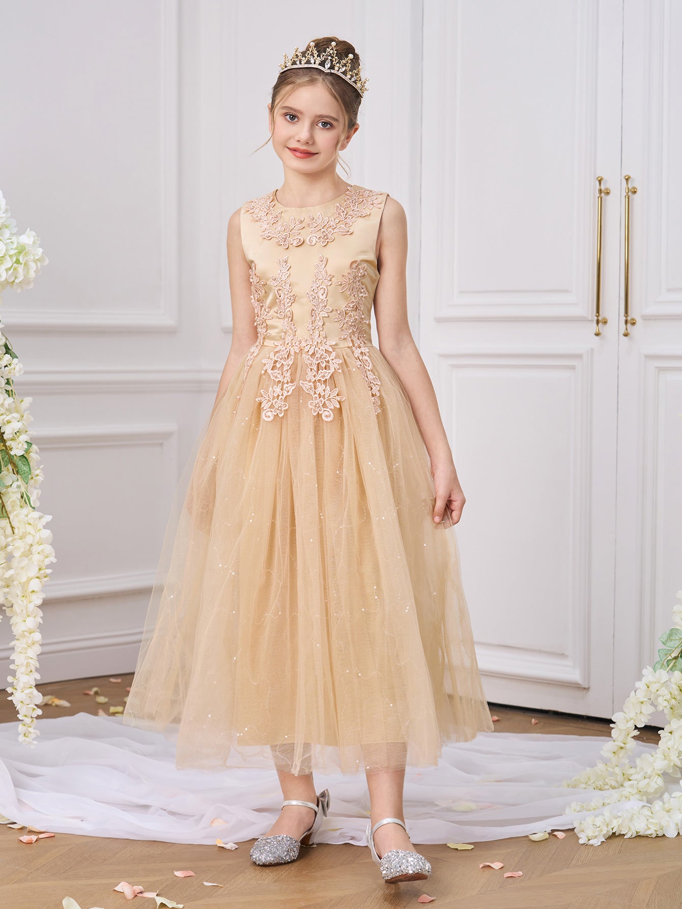 Girls Maxi A-Line Lace Tulle Dress – Princess Sequin Flower Girl Gown