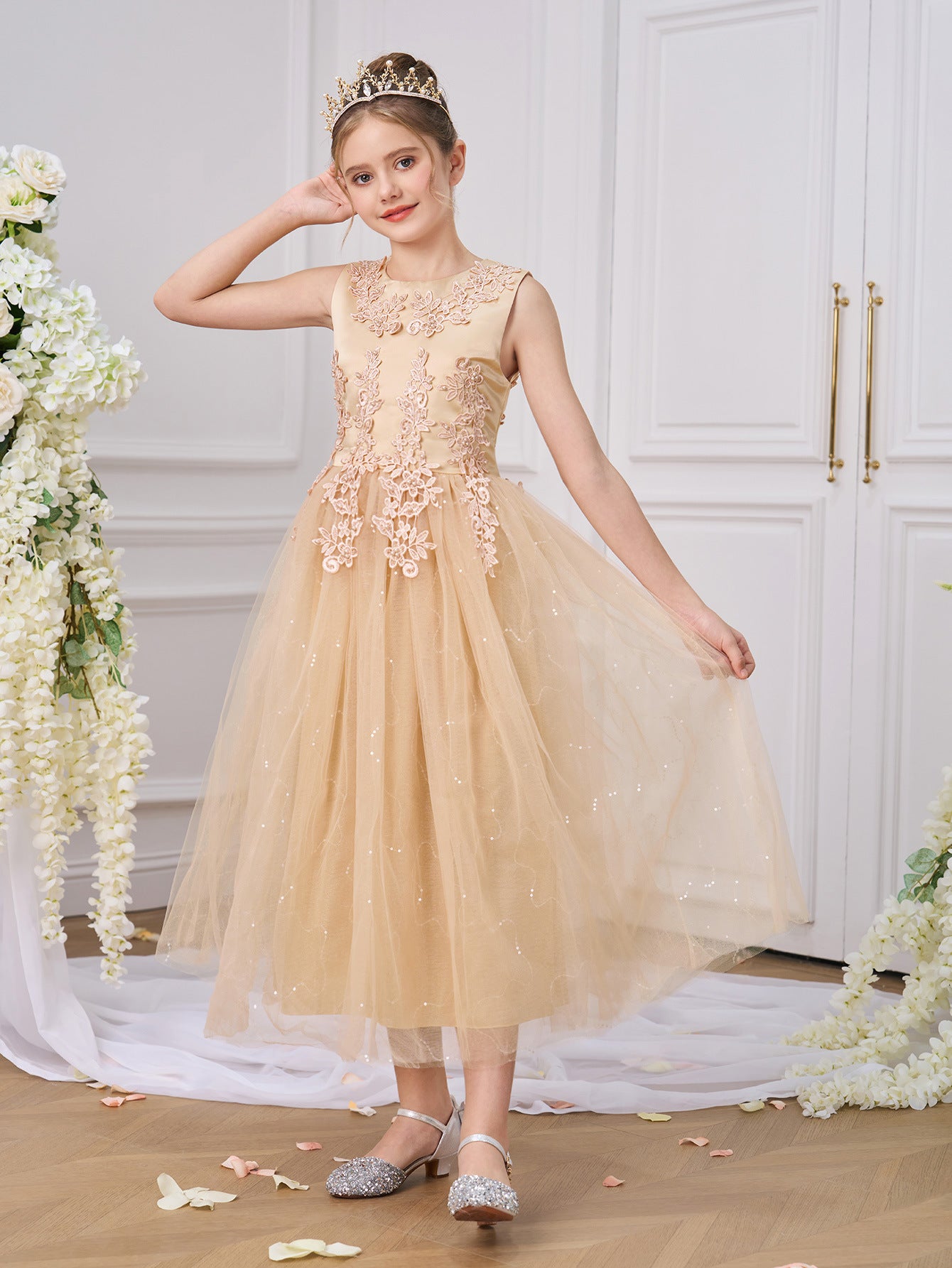 Girls Maxi A-Line Lace Tulle Dress – Princess Sequin Flower Girl Gown
