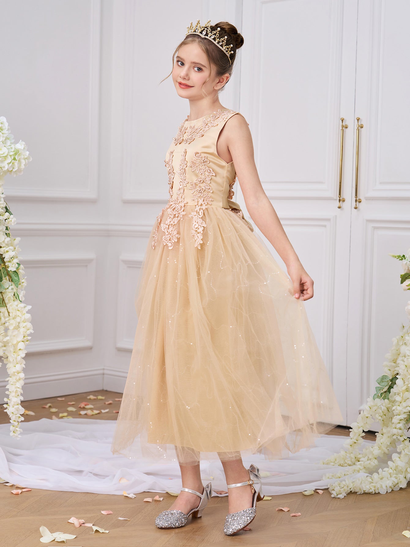 Girls Maxi A-Line Lace Tulle Dress – Princess Sequin Flower Girl Gown
