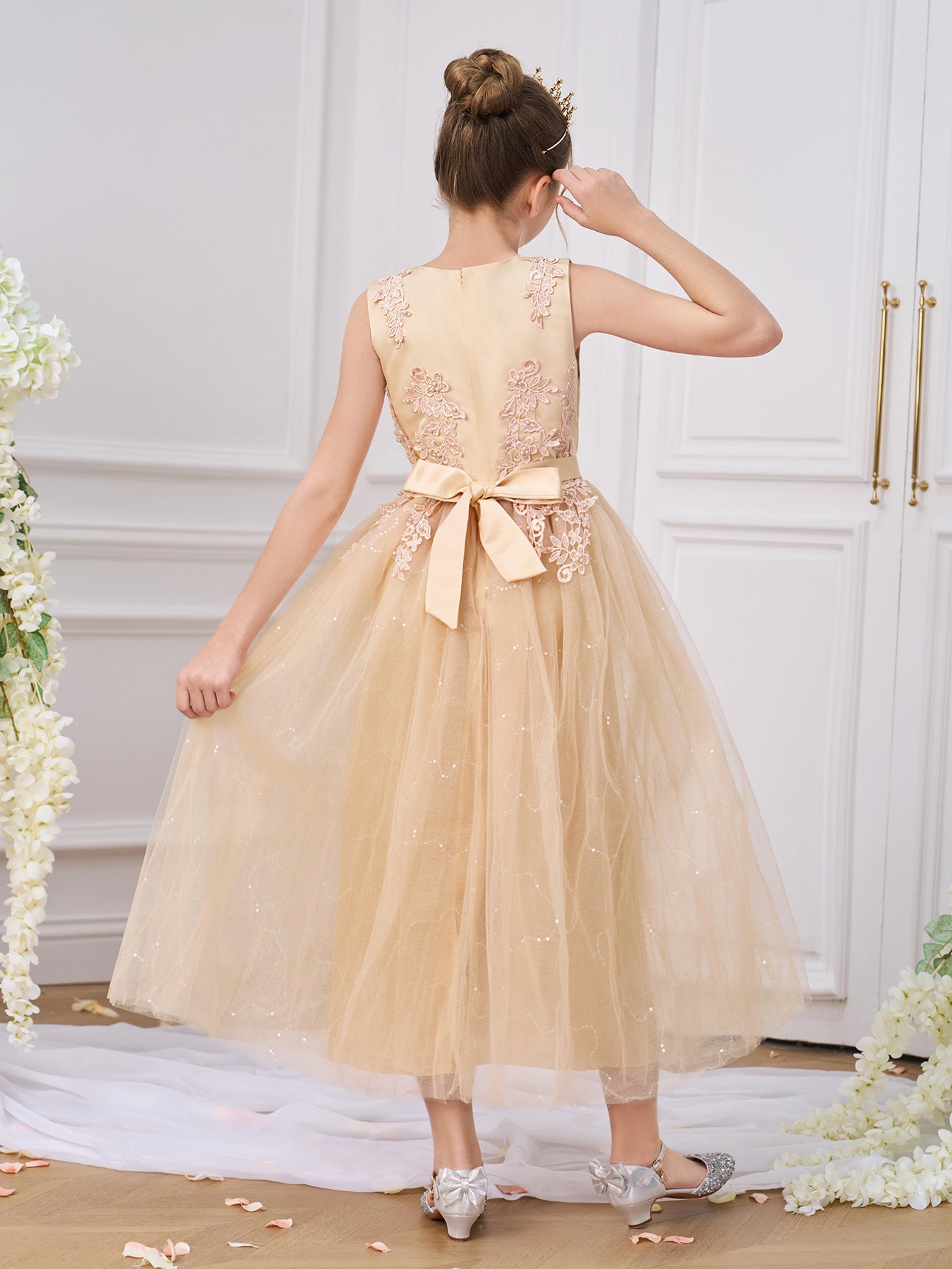 Girls Maxi A-Line Lace Tulle Dress – Princess Sequin Flower Girl Gown