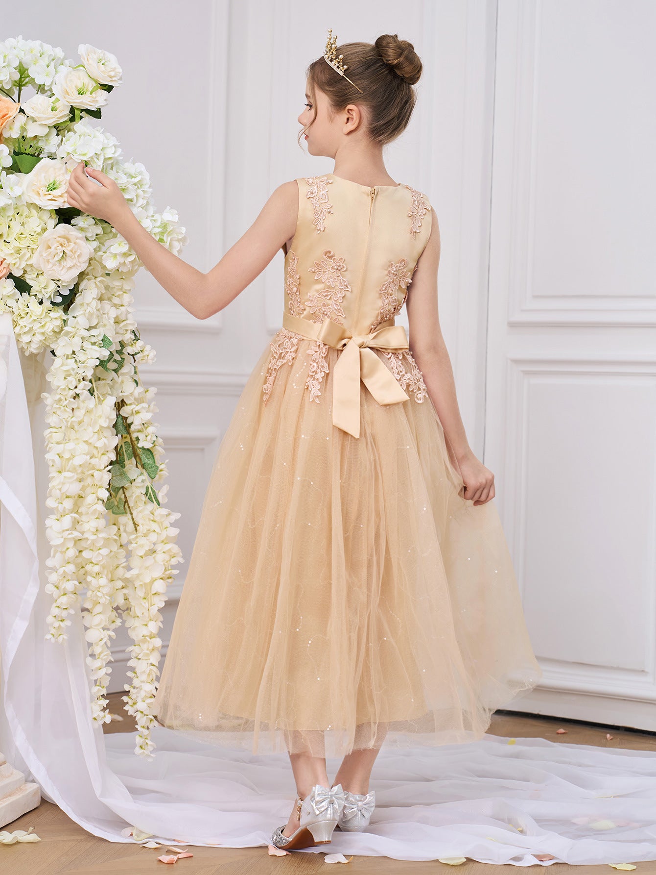 Girls Maxi A-Line Lace Tulle Dress – Princess Sequin Flower Girl Gown