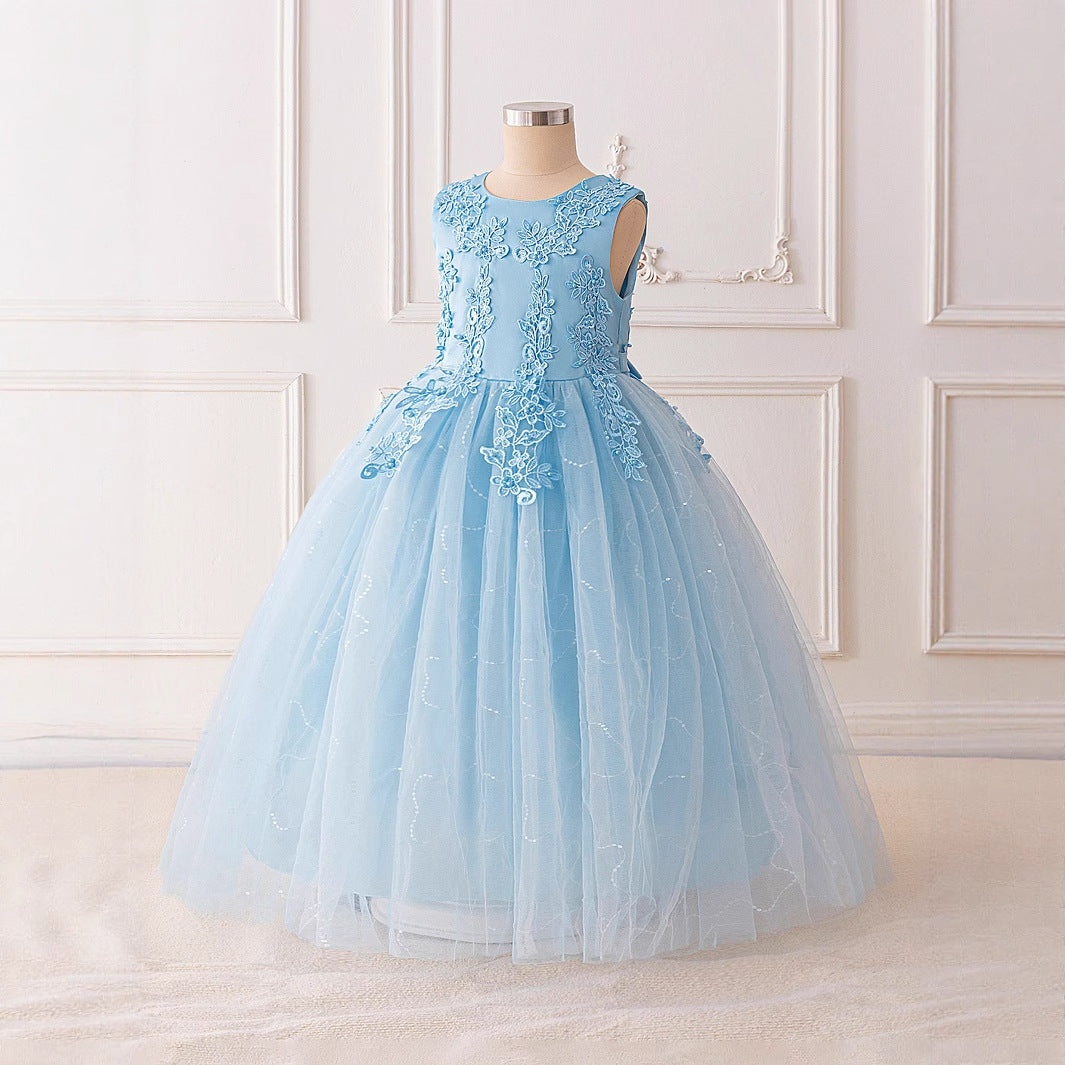 Girls Maxi A-Line Lace Tulle Dress – Princess Sequin Flower Girl Gown