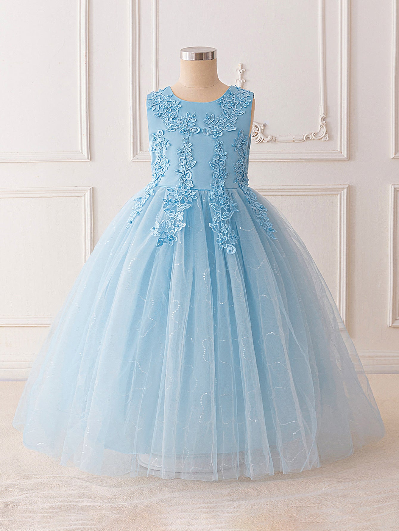 Girls Maxi A-Line Lace Tulle Dress – Princess Sequin Flower Girl Gown
