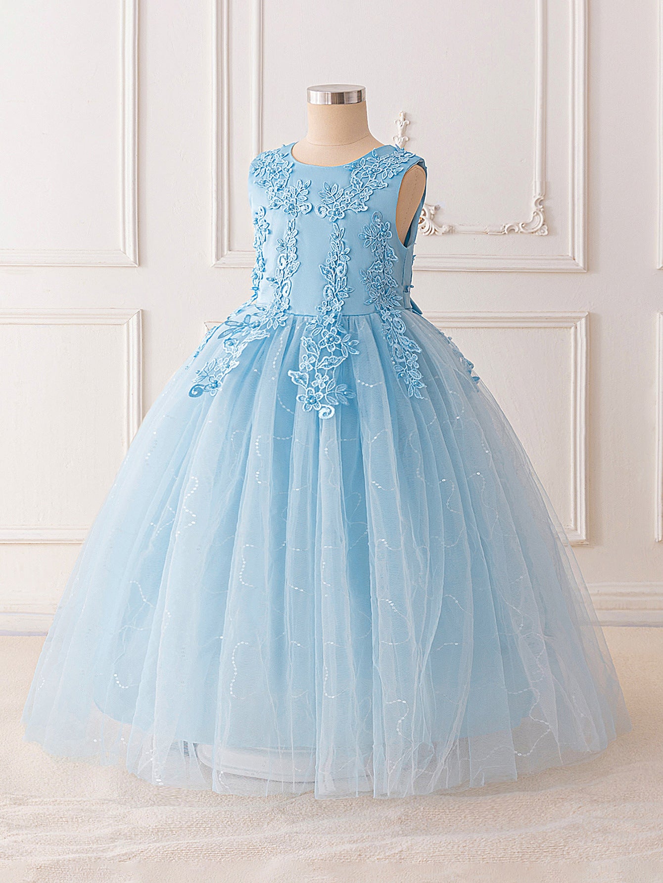 Girls Maxi A-Line Lace Tulle Dress – Princess Sequin Flower Girl Gown