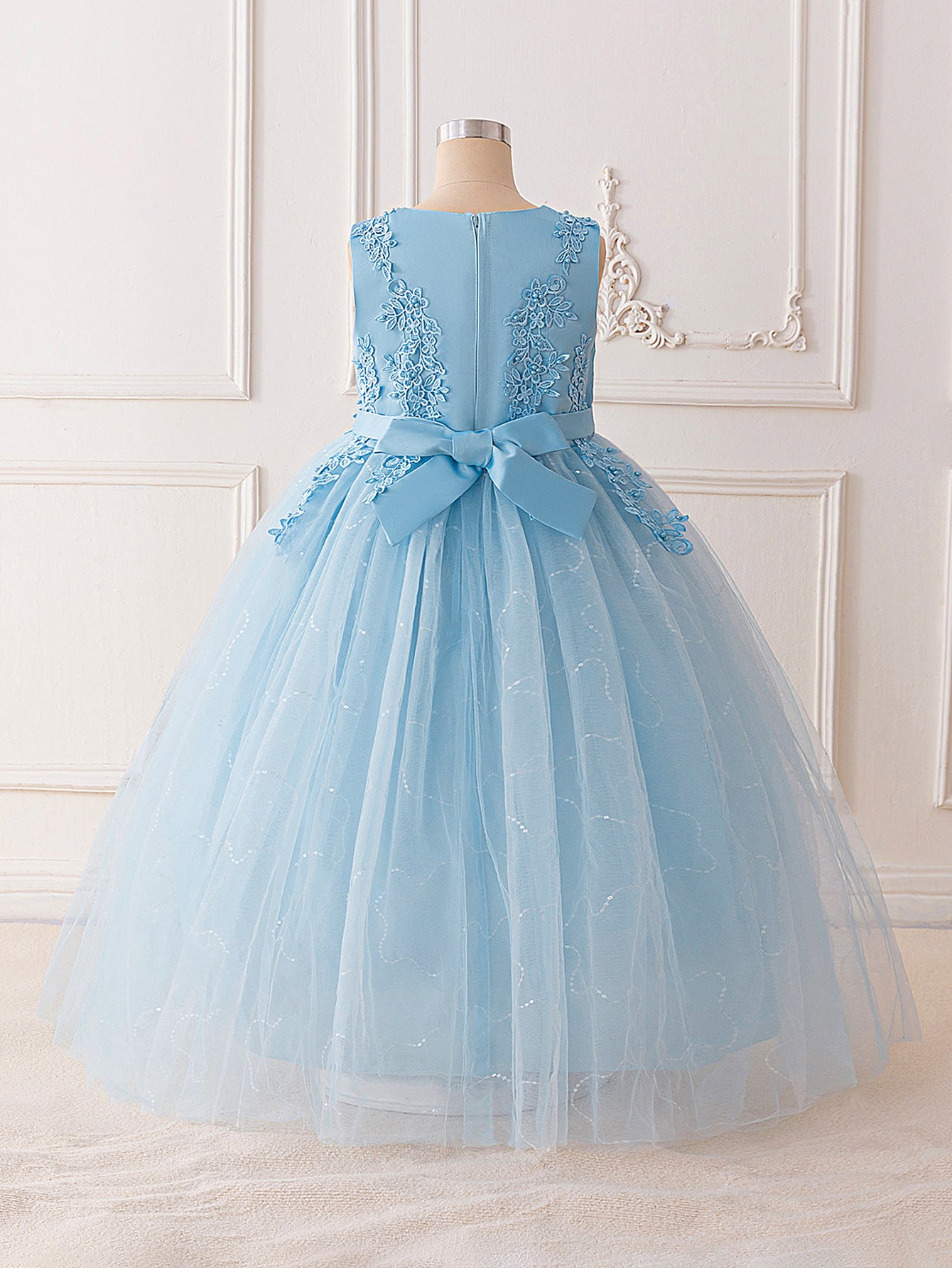 Girls Maxi A-Line Lace Tulle Dress – Princess Sequin Flower Girl Gown