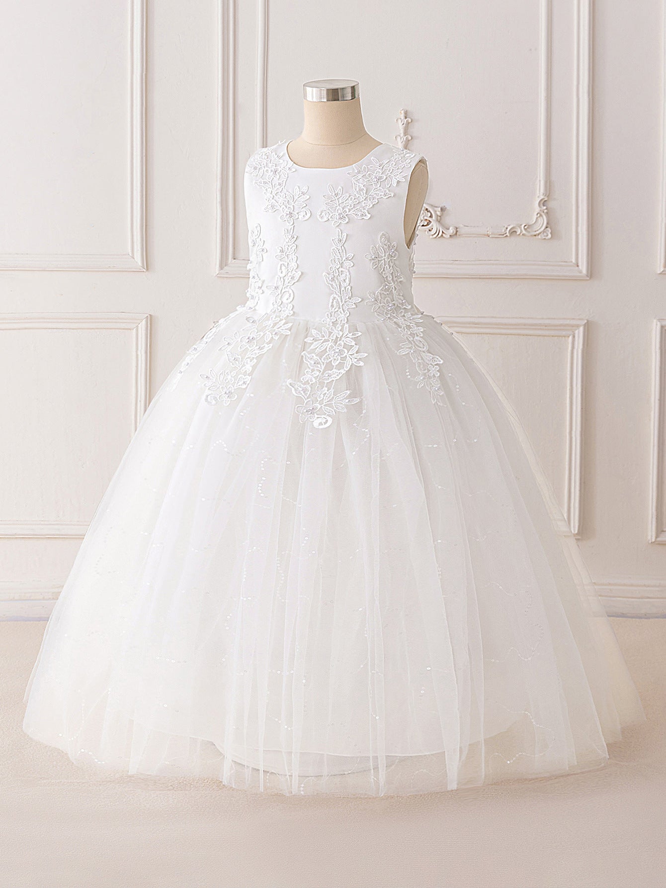 Girls Maxi A-Line Lace Tulle Dress – Princess Sequin Flower Girl Gown