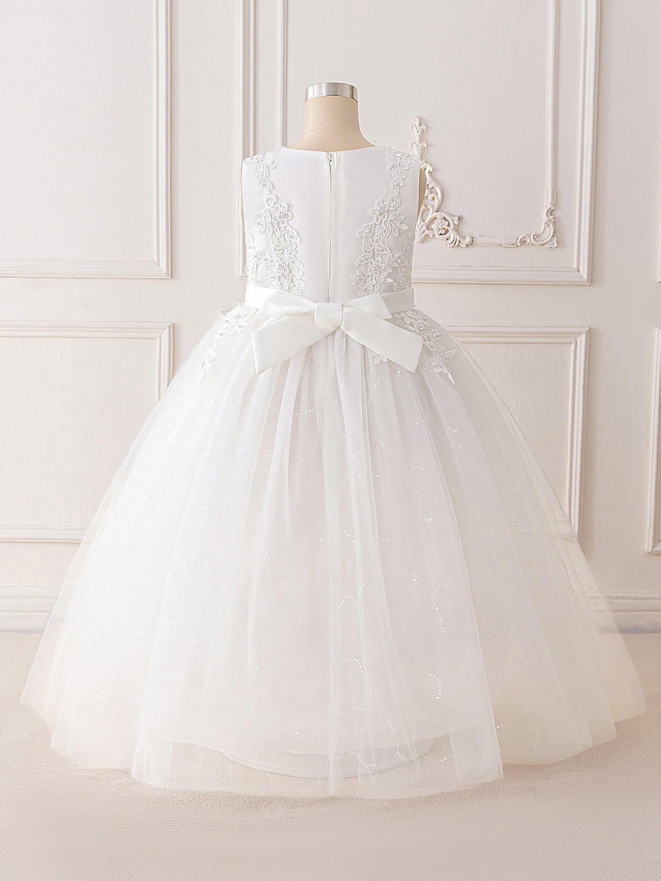 Girls Maxi A-Line Lace Tulle Dress – Princess Sequin Flower Girl Gown