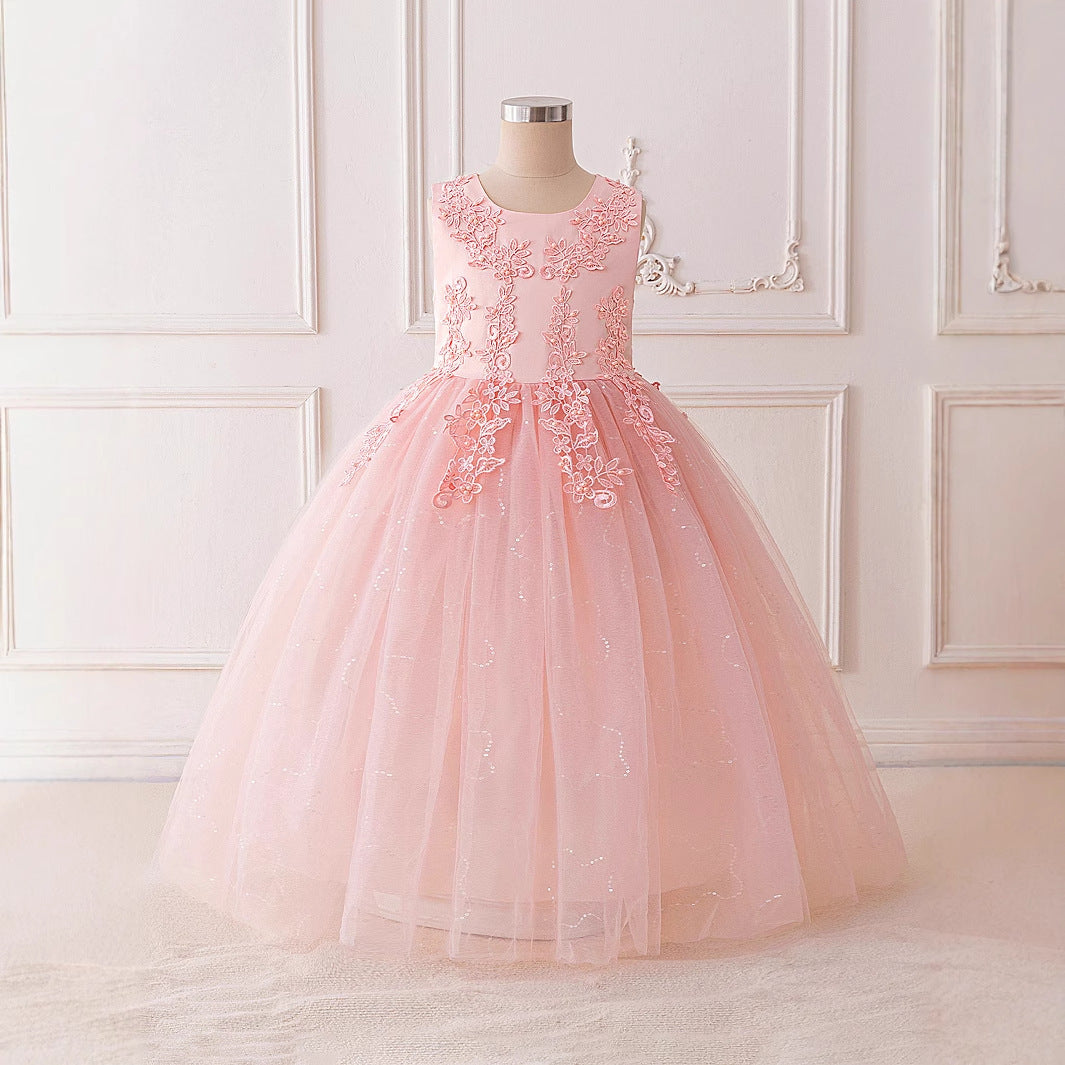 Girls Maxi A-Line Lace Tulle Dress – Princess Sequin Flower Girl Gown