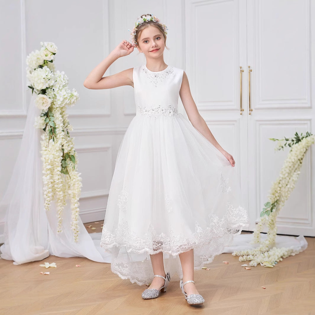 Girls' High-Low White A-Line Satin & Tulle Dress with Sequins and Lace