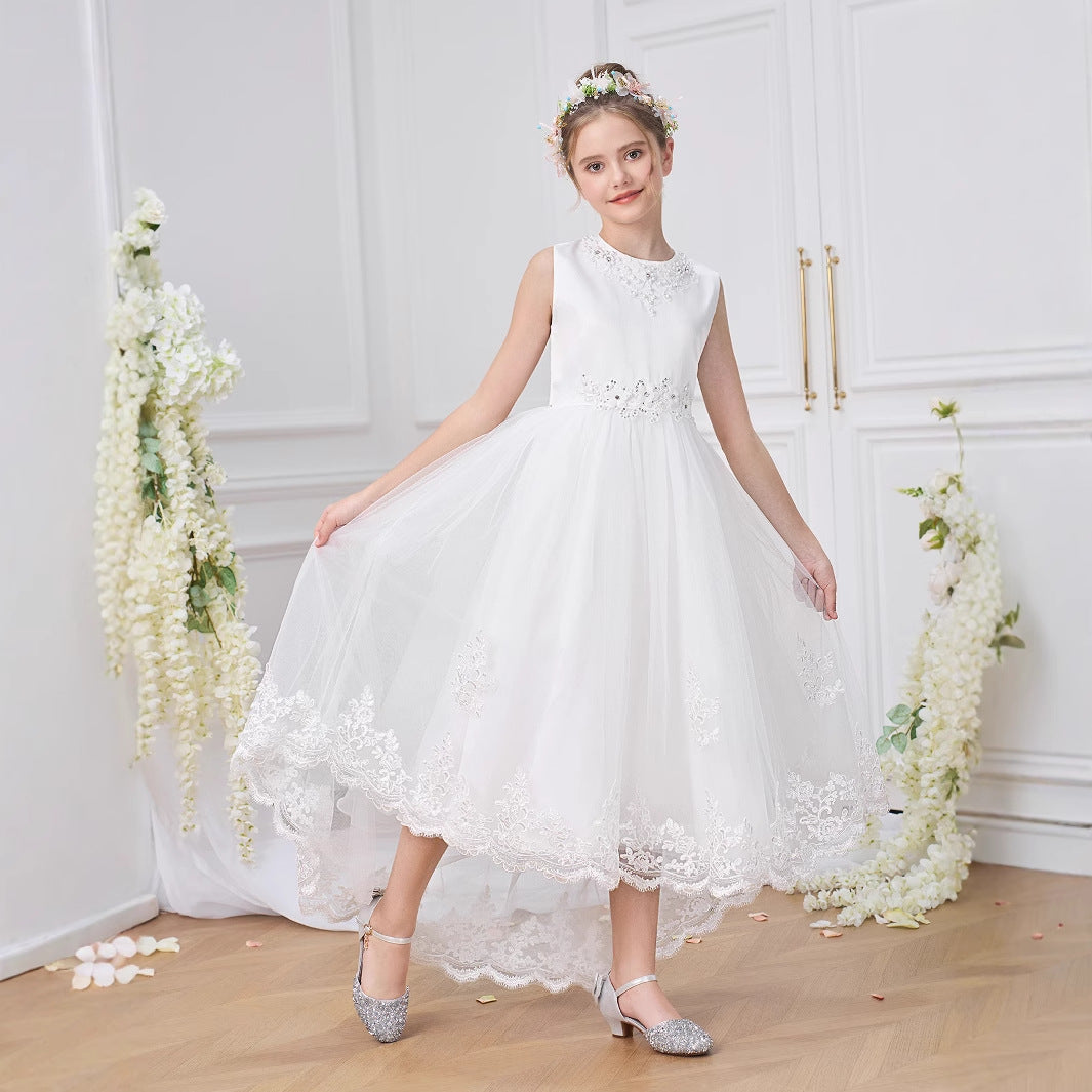 Girls' High-Low White A-Line Satin & Tulle Dress with Sequins and Lace