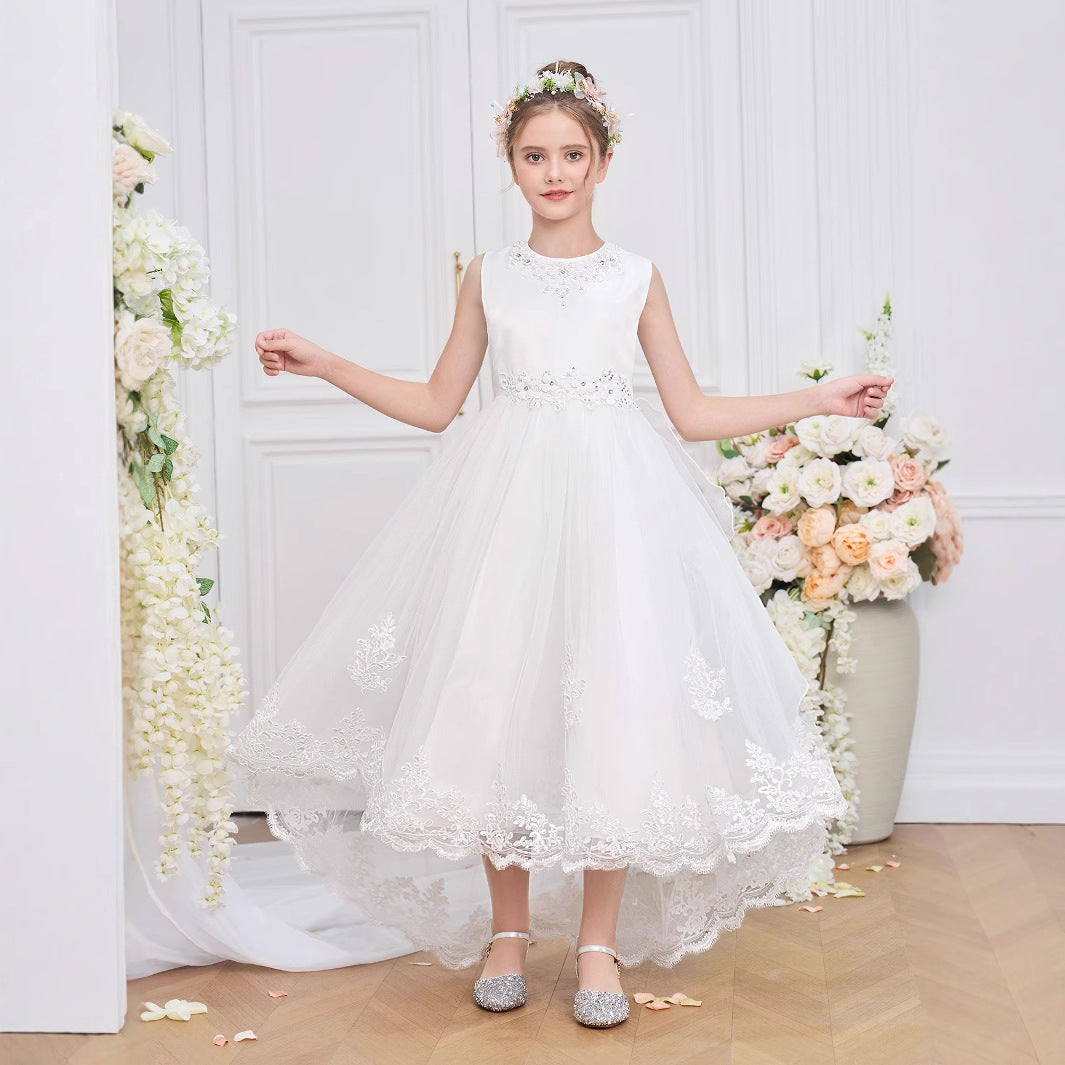 Girls' High-Low White A-Line Satin & Tulle Dress with Sequins and Lace
