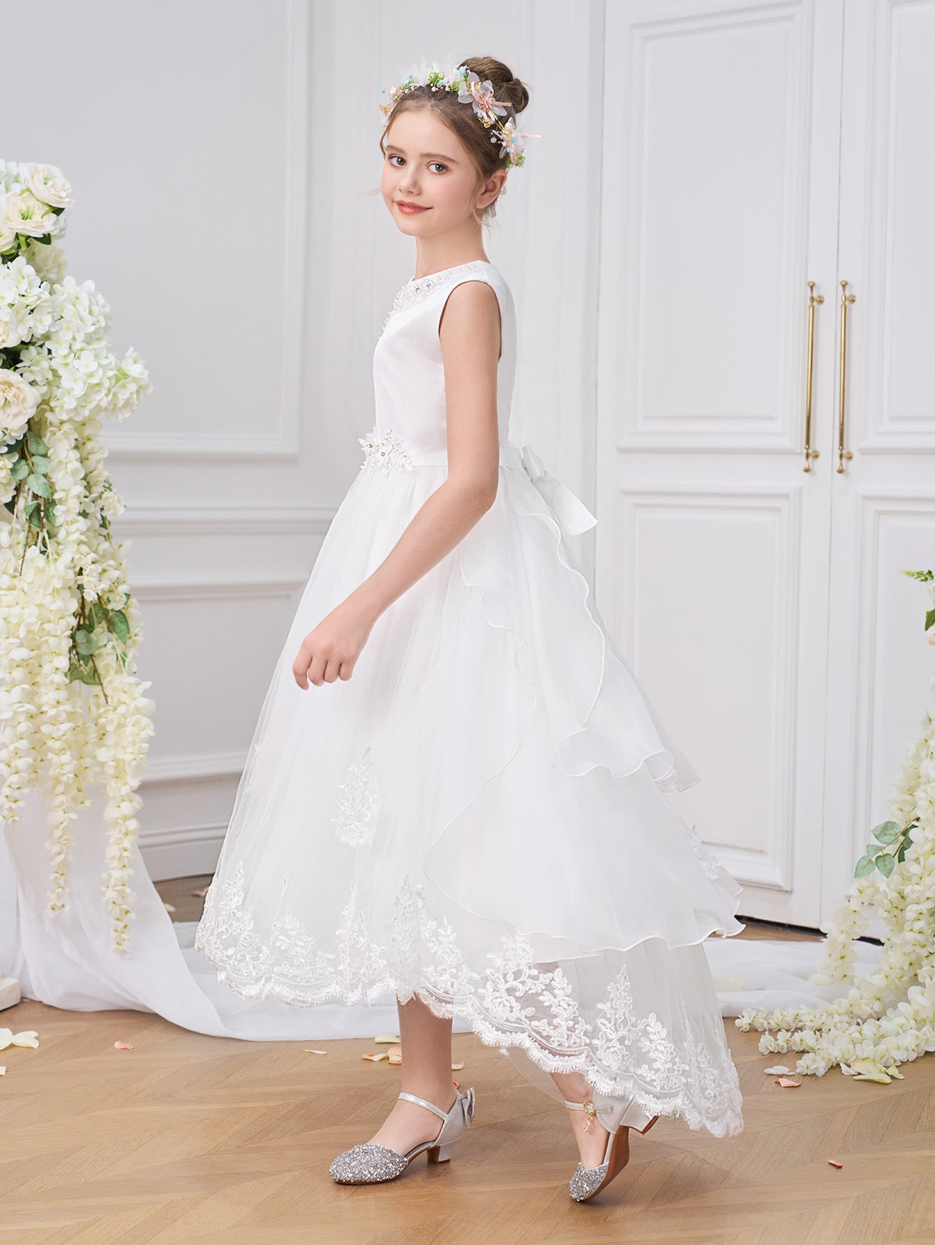 Girls' High-Low White A-Line Satin & Tulle Dress with Sequins and Lace