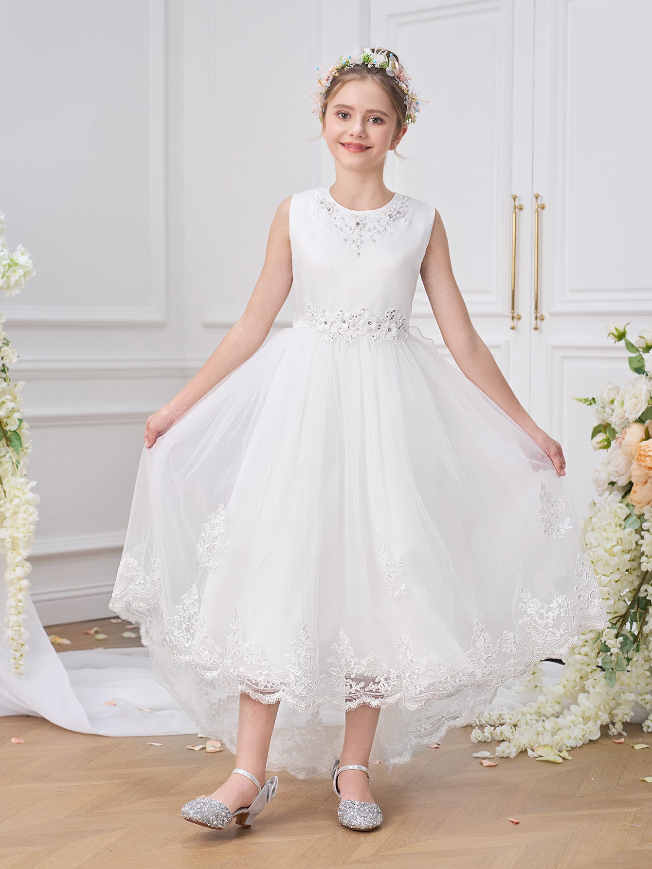 Girls' High-Low White A-Line Satin & Tulle Dress with Sequins and Lace