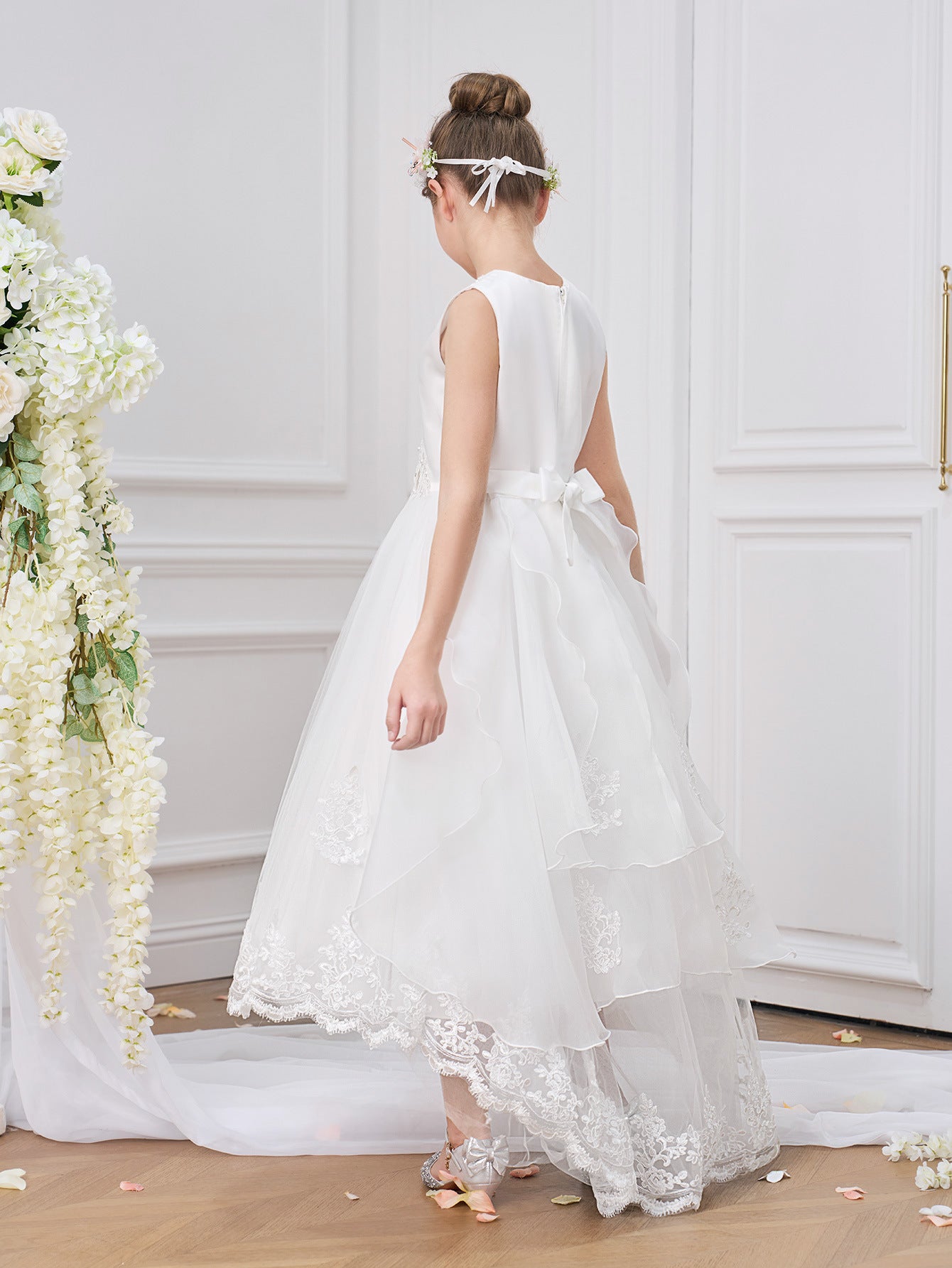 Girls' High-Low White A-Line Satin & Tulle Dress with Sequins and Lace