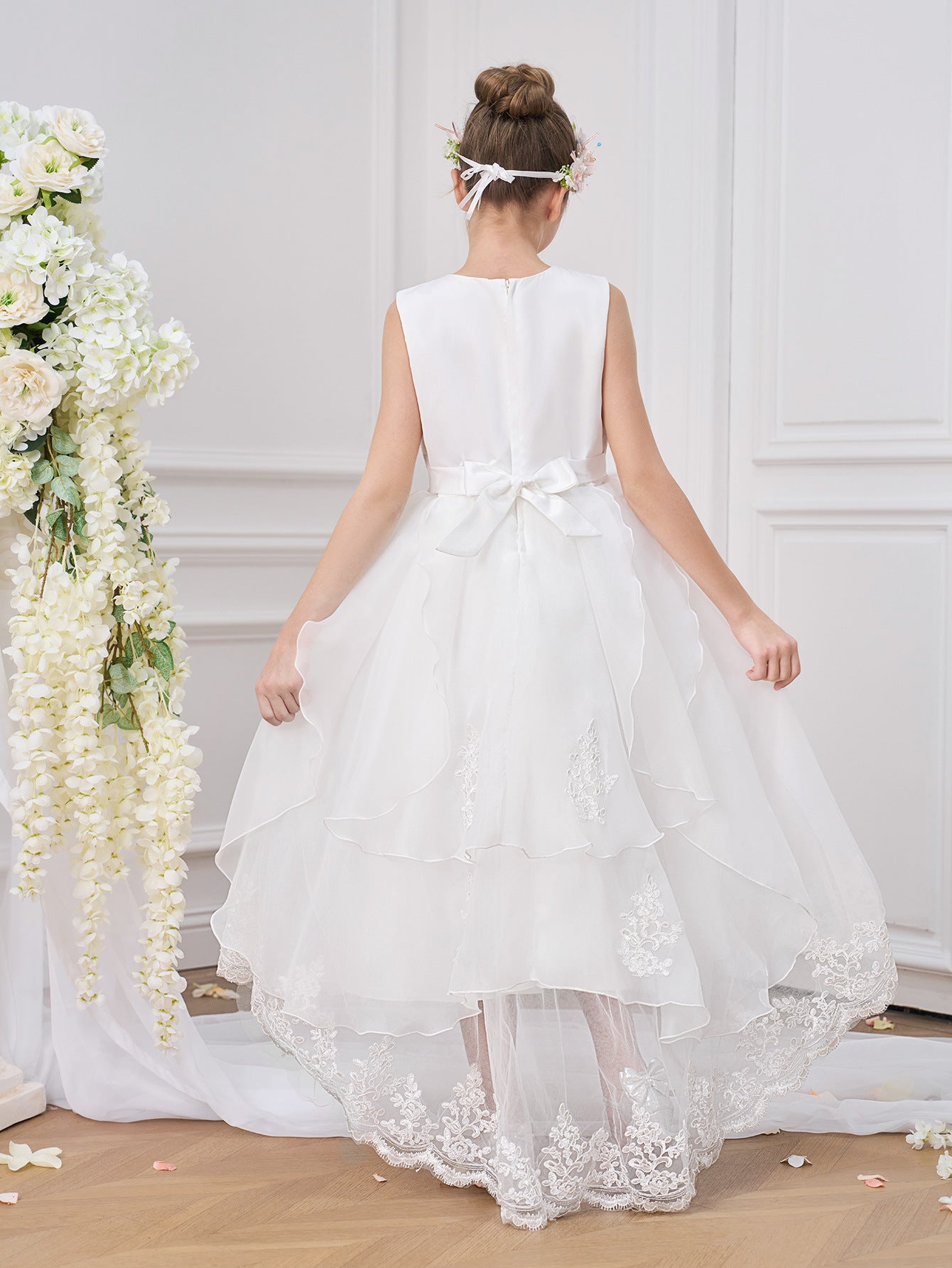 Girls' High-Low White A-Line Satin & Tulle Dress with Sequins and Lace